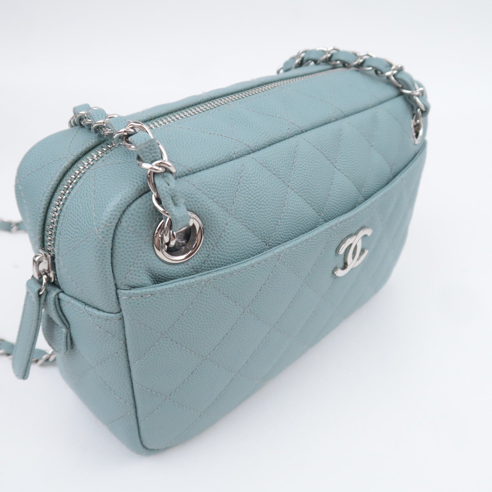 CHANEL Matelasse Chain Shoulder Bag Caviarskin Light Blue Silver HDW