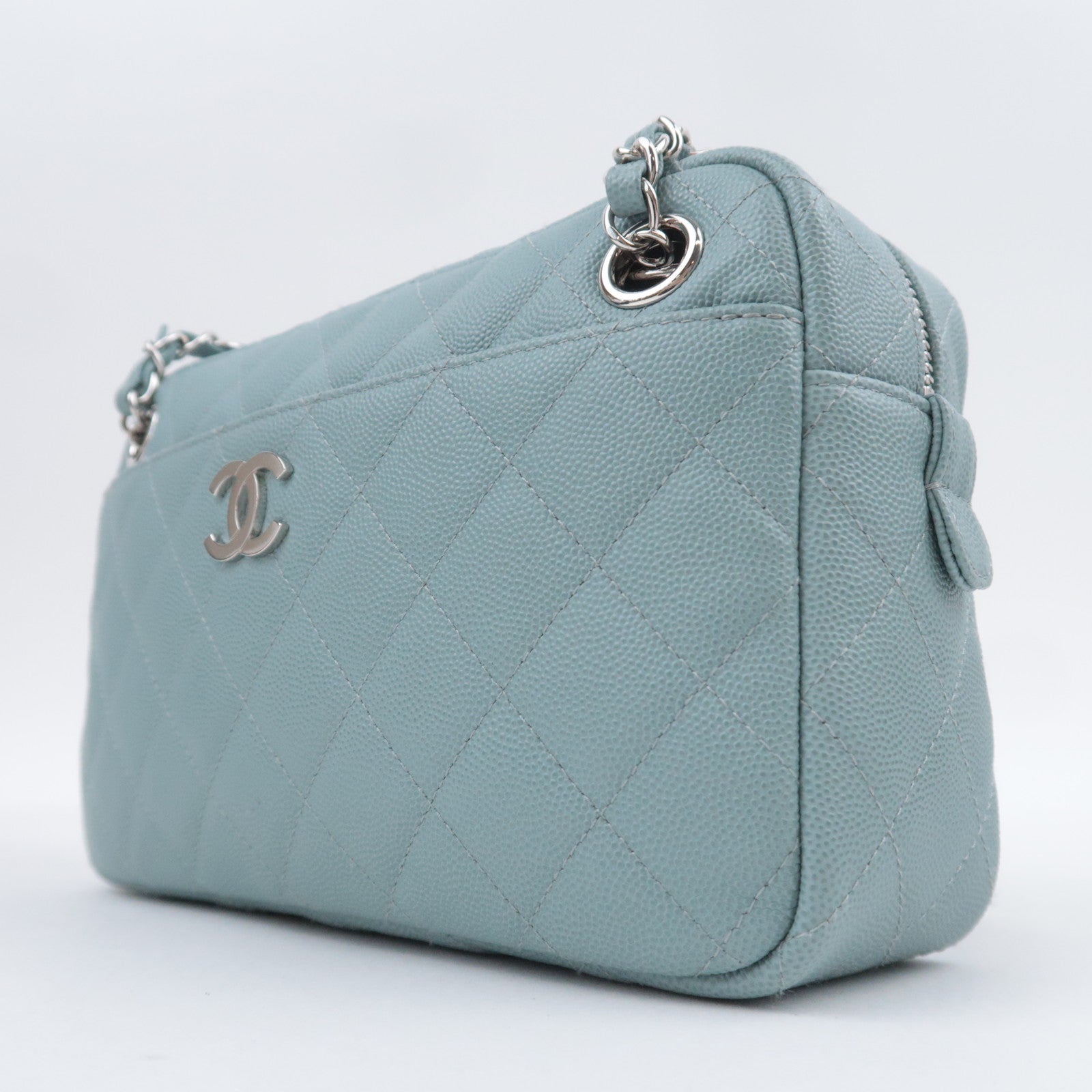 CHANEL Matelasse Chain Shoulder Bag Caviarskin Light Blue Silver HDW