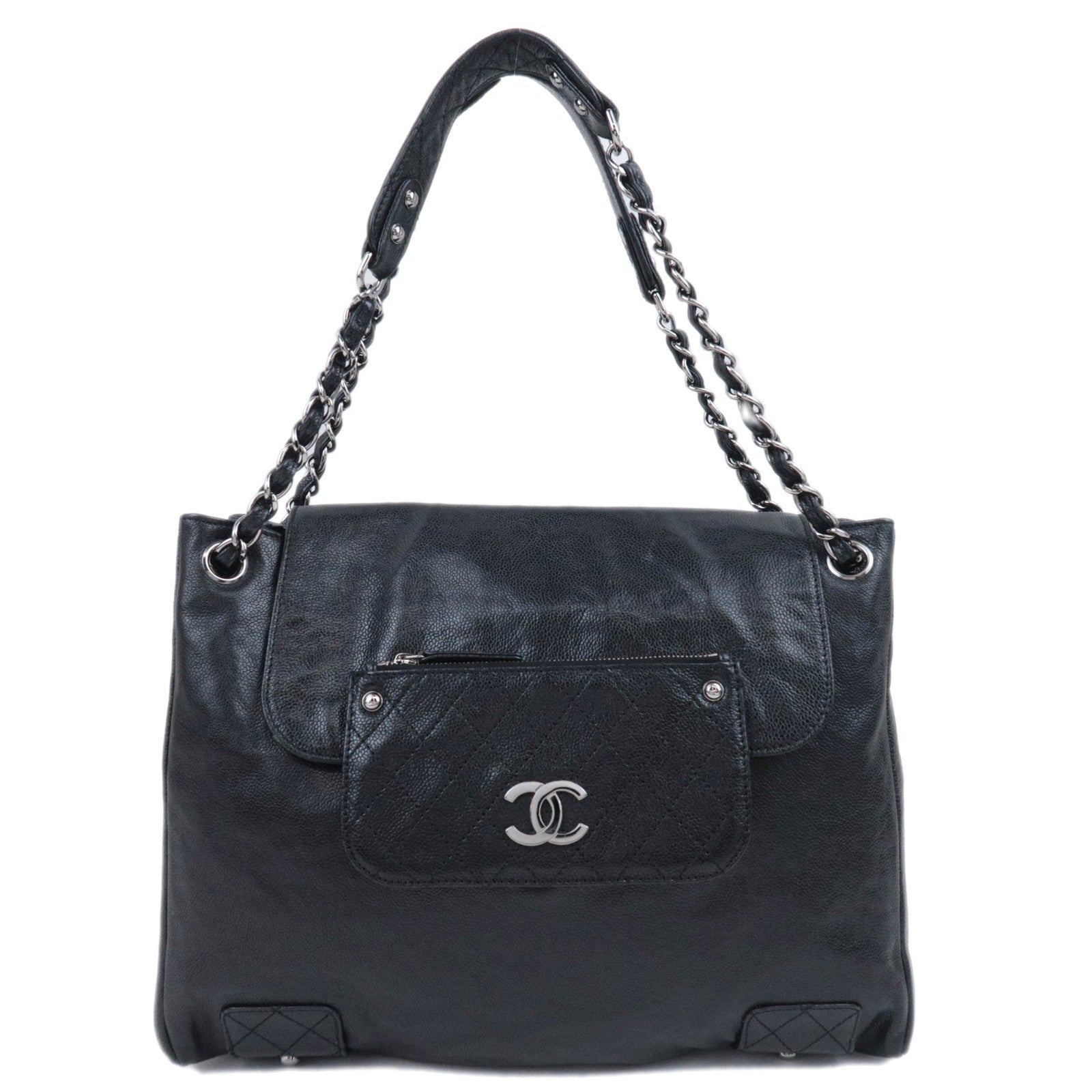 CHANEL Matelasse Chain Tote Bag Caviarskin Black Silver HDW90947