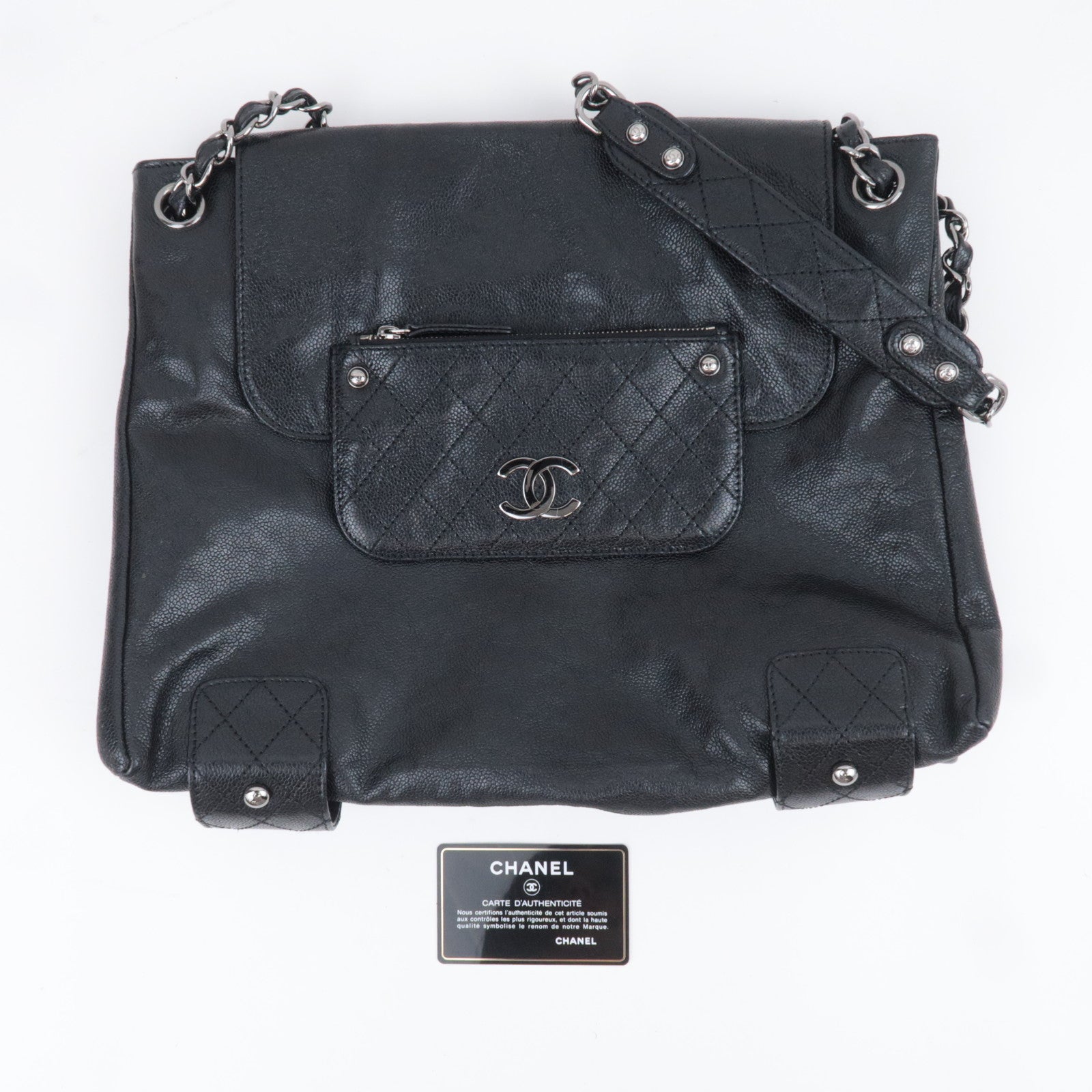 CHANEL Matelasse Chain Tote Bag Caviarskin Black Silver HDW
