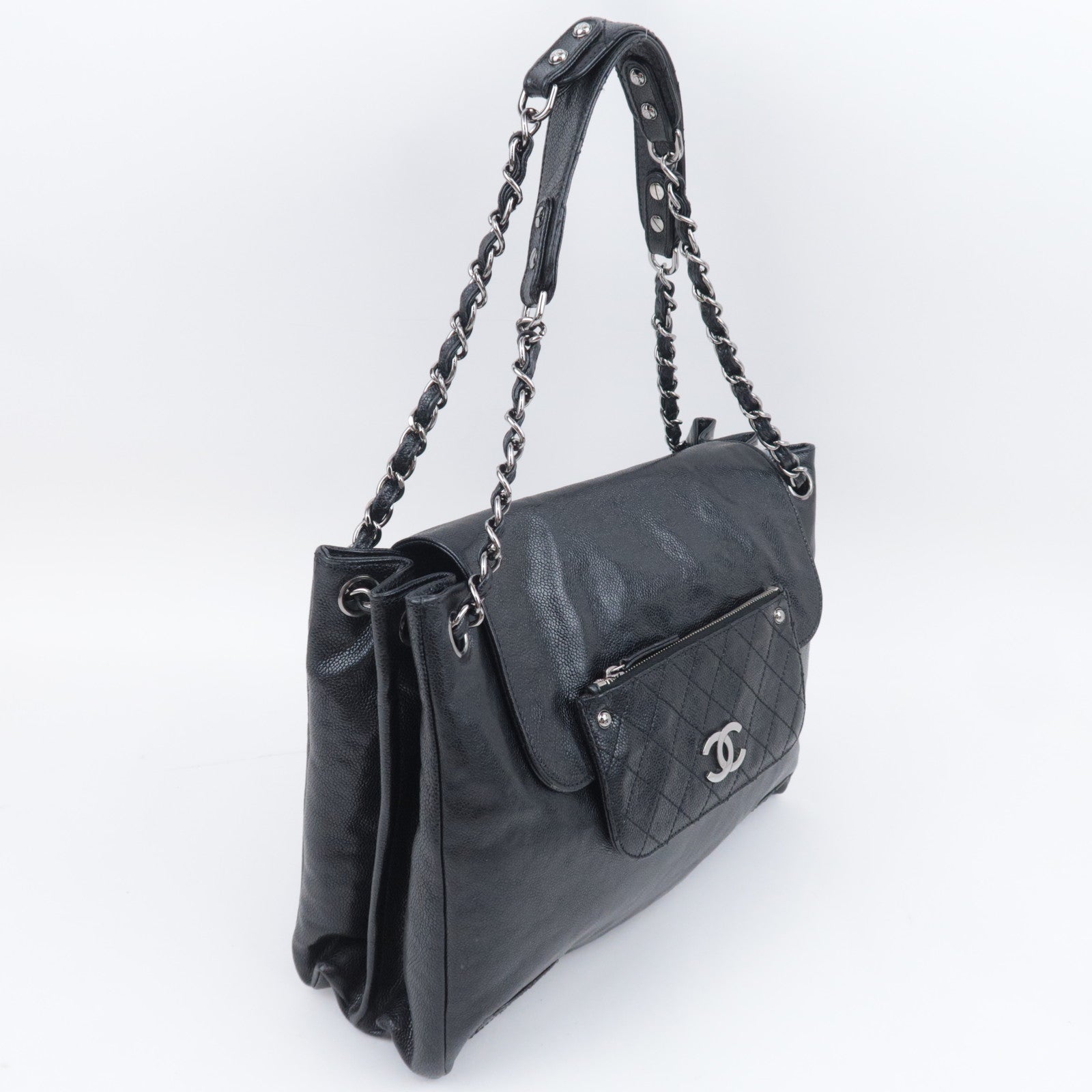 CHANEL Matelasse Chain Tote Bag Caviarskin Black Silver HDW