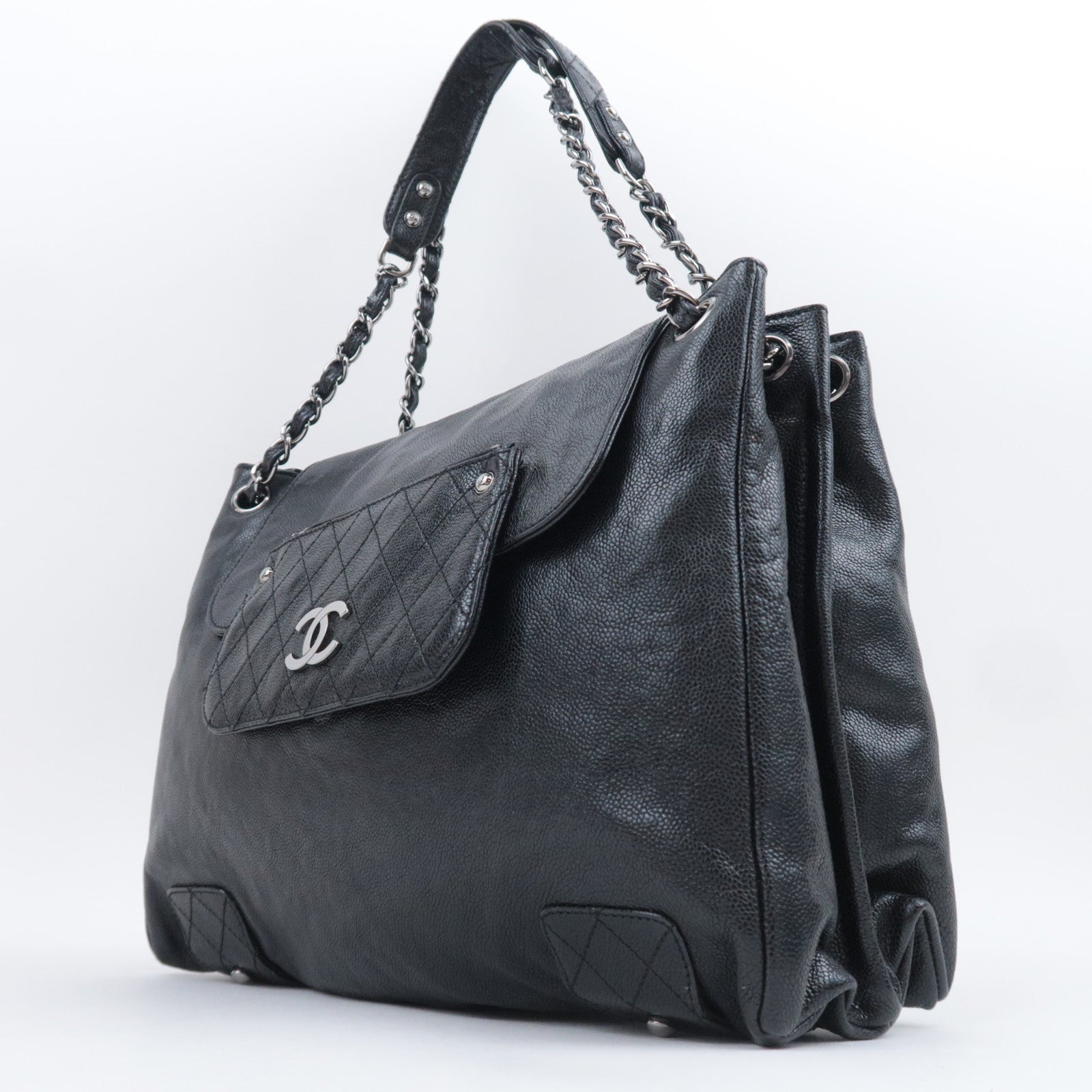 CHANEL Matelasse Chain Tote Bag Caviarskin Black Silver HDW