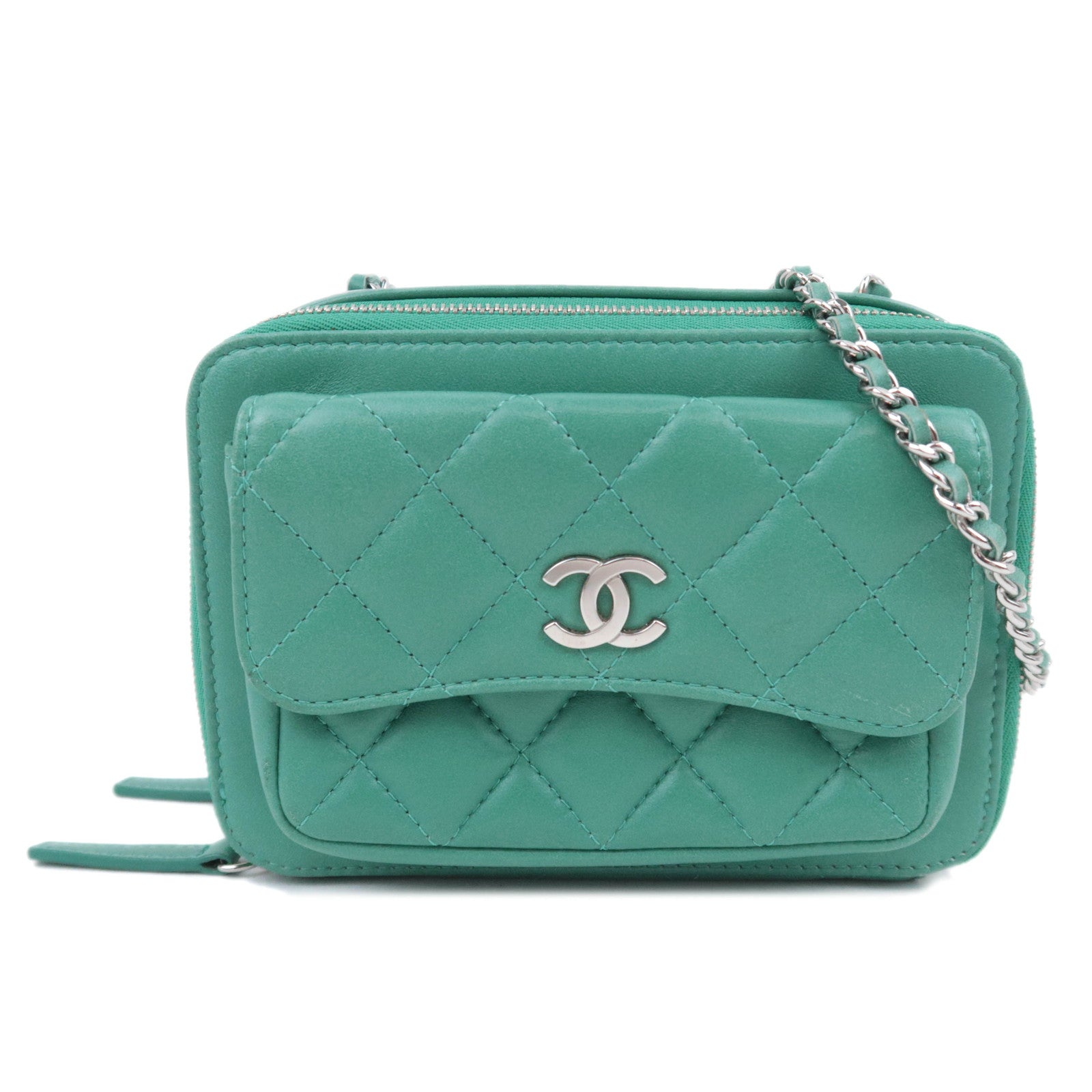 CHANEL Matelasse Chain Shoulder Bag Lambskin Green Silver HDW90948