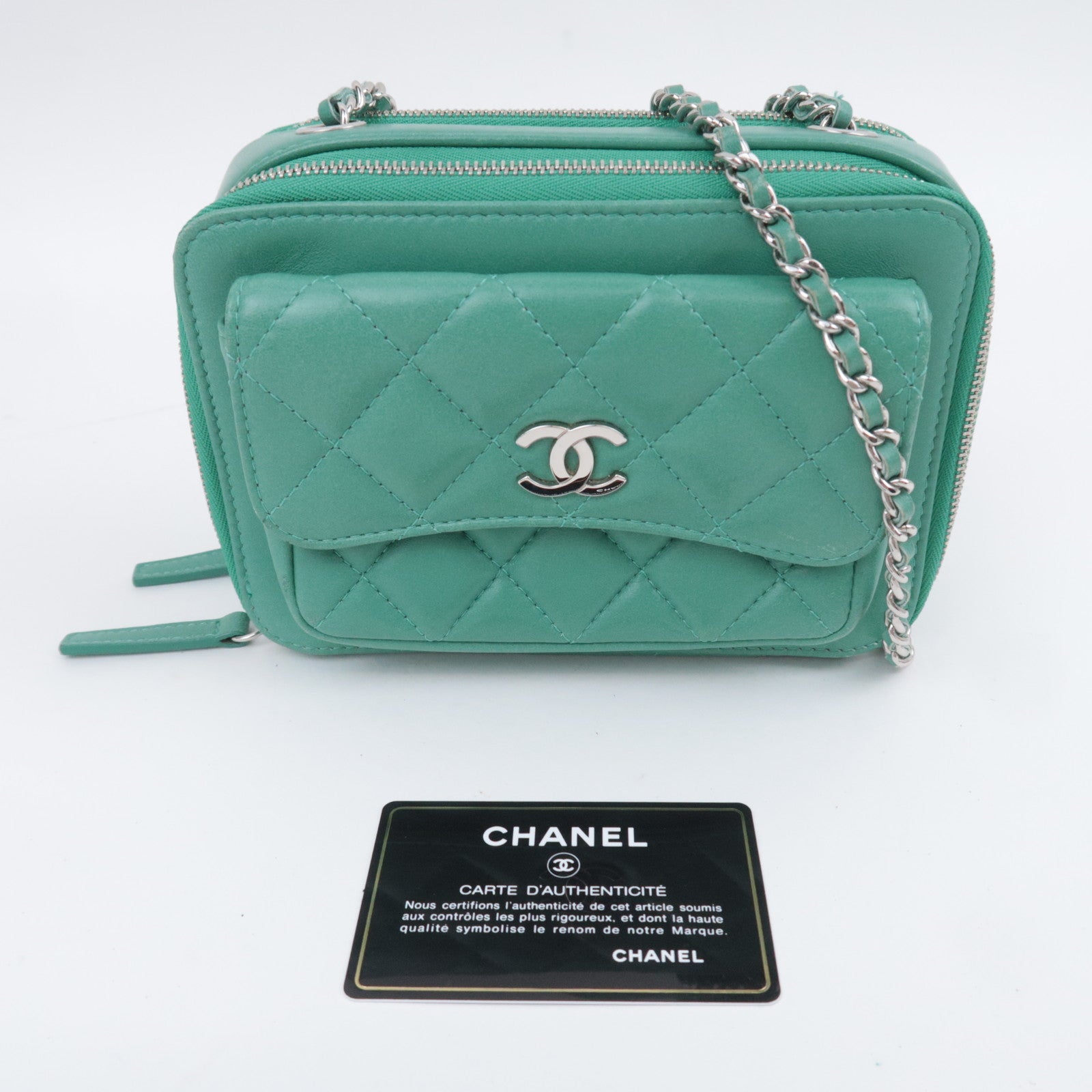 CHANEL Matelasse Chain Shoulder Bag Lambskin Green Silver HDW