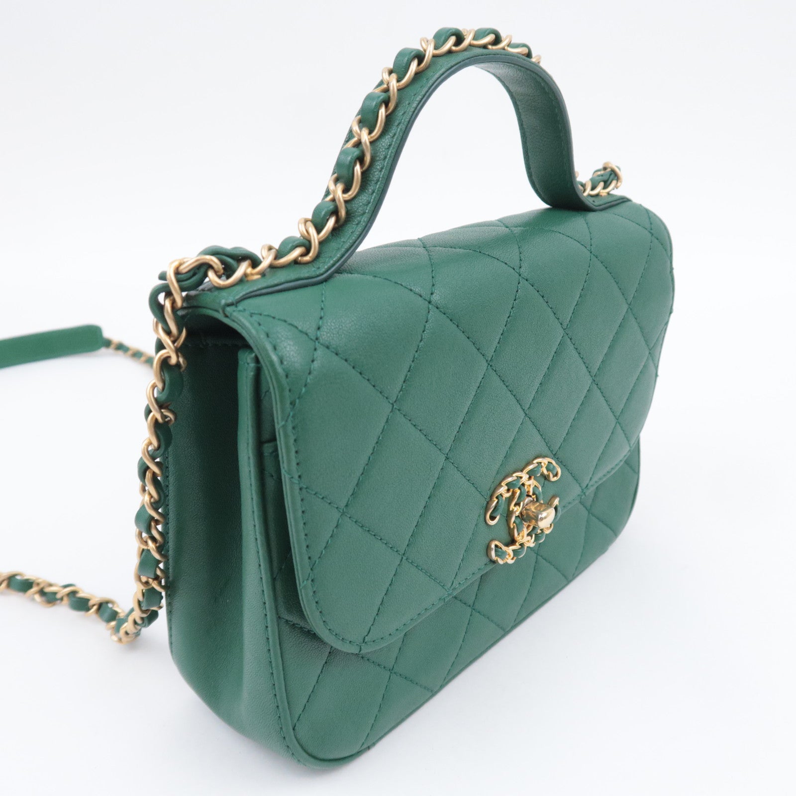 CHANEL 19 Dixneuf 2Way Chain Shoulder Bag Lambskin Green Gold HDW