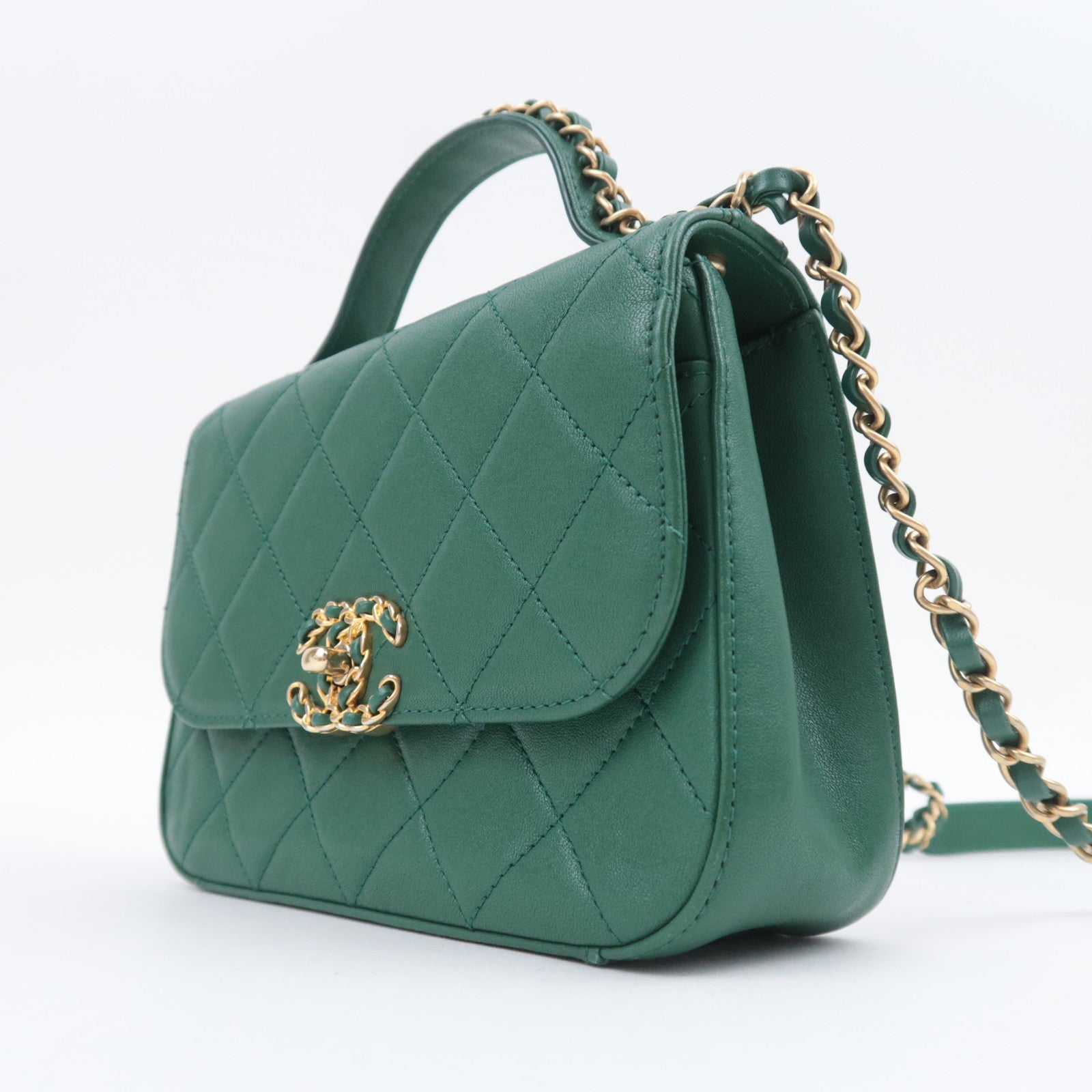 CHANEL 19 Dixneuf 2Way Chain Shoulder Bag Lambskin Green Gold HDW