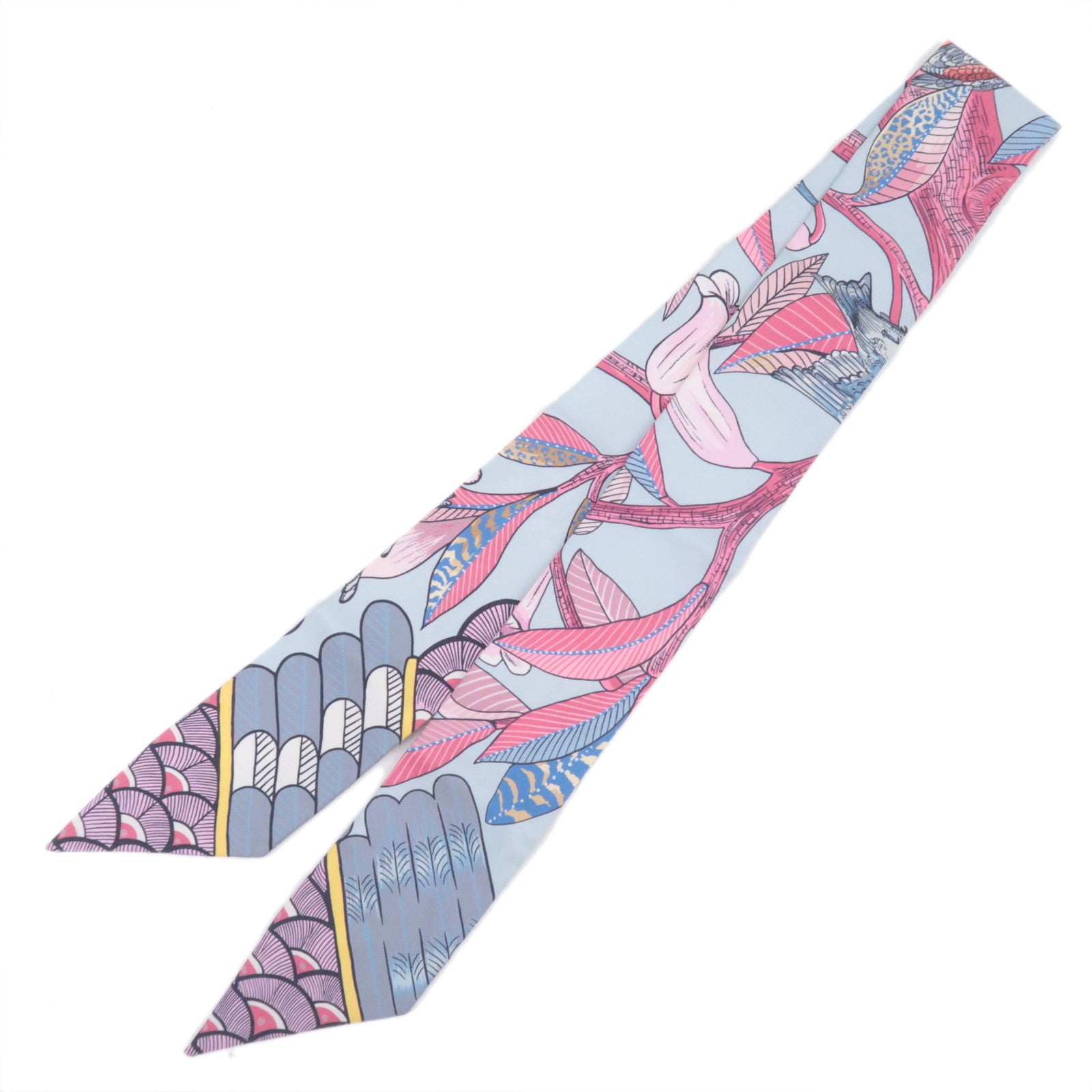 HERMES Twilly Scarf Tree of Song 100% Silk Light Blue90992