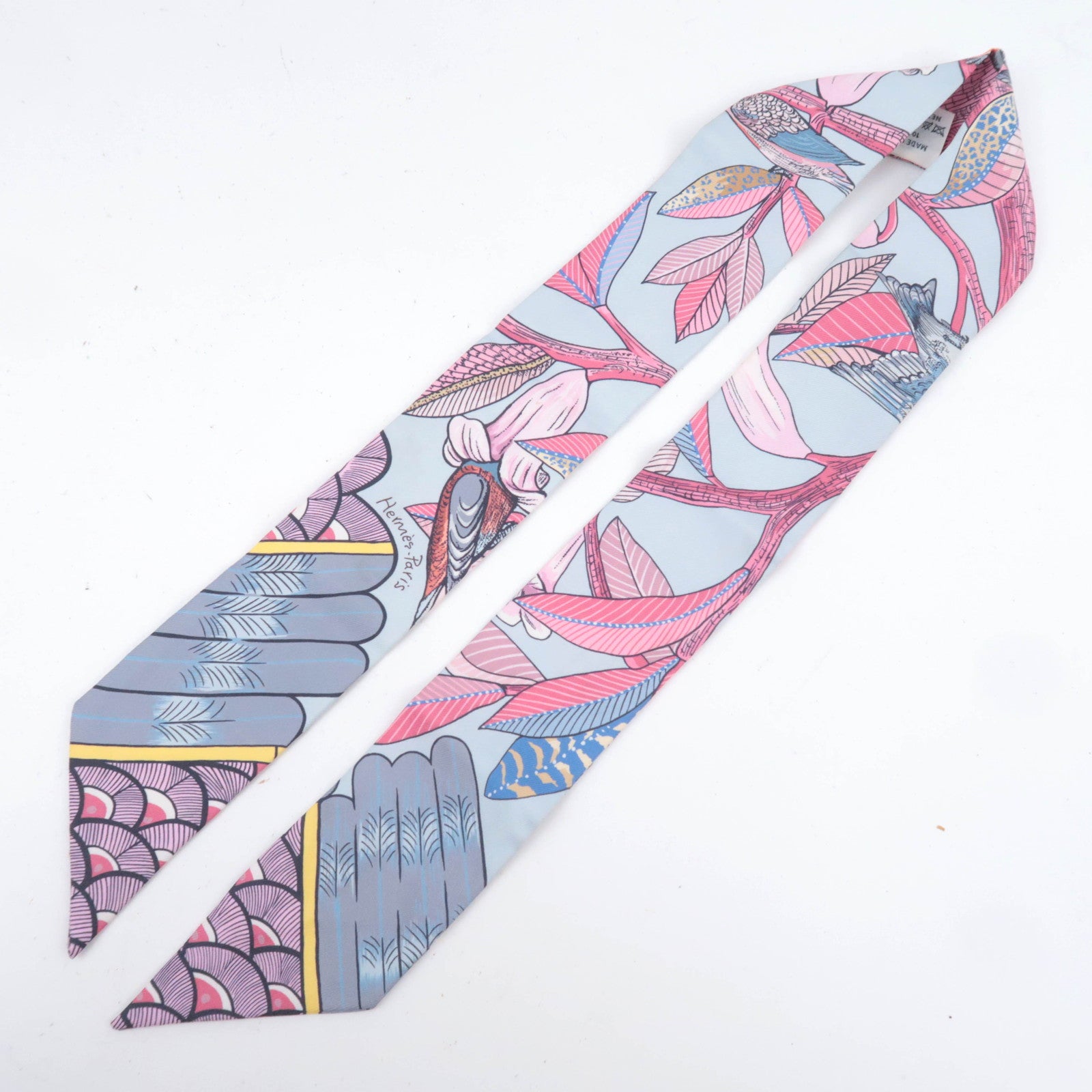 HERMES Twilly Scarf Tree of Song 100% Silk Light Blue