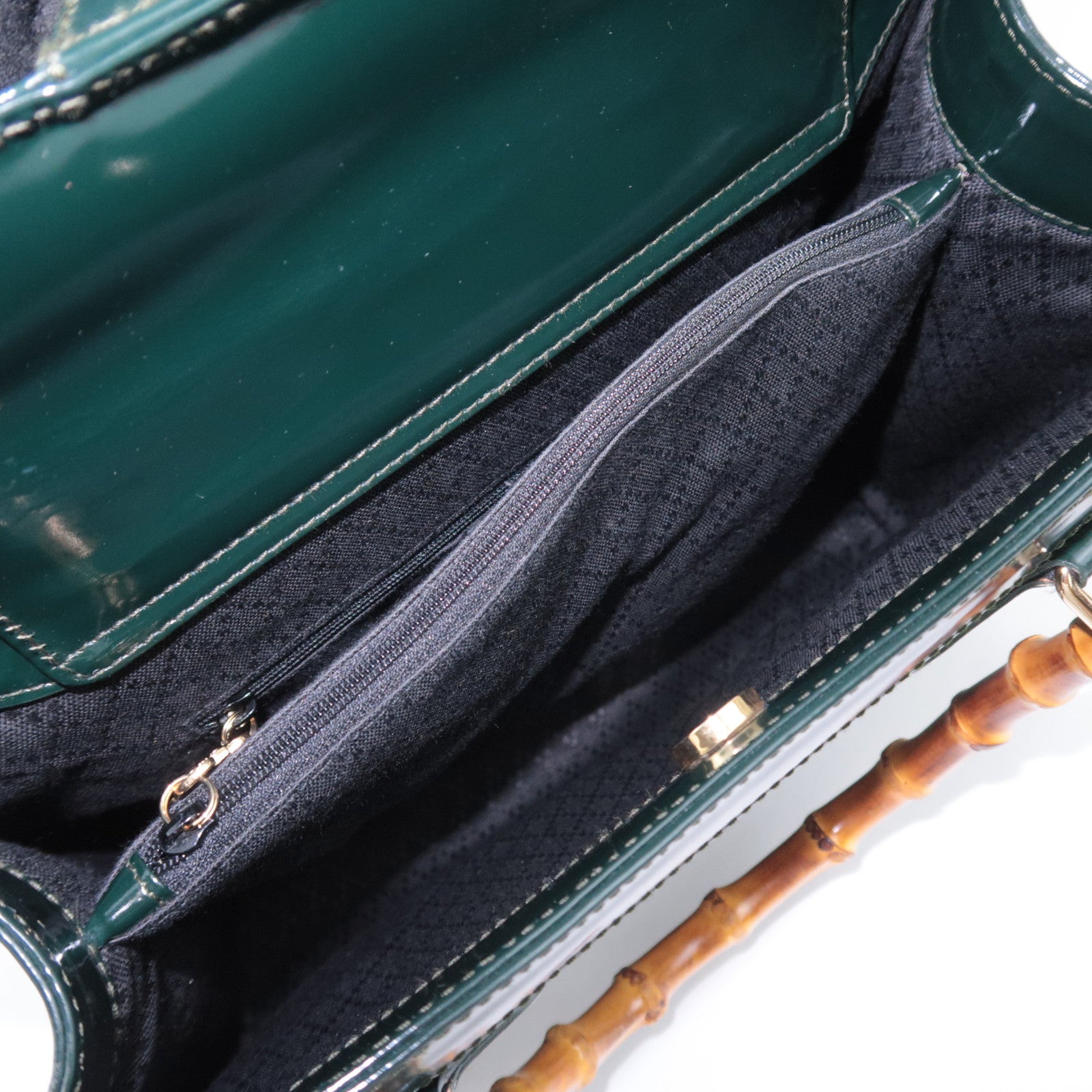 GUCCI Bamboo Leather Handbag Dark Green 002.8260