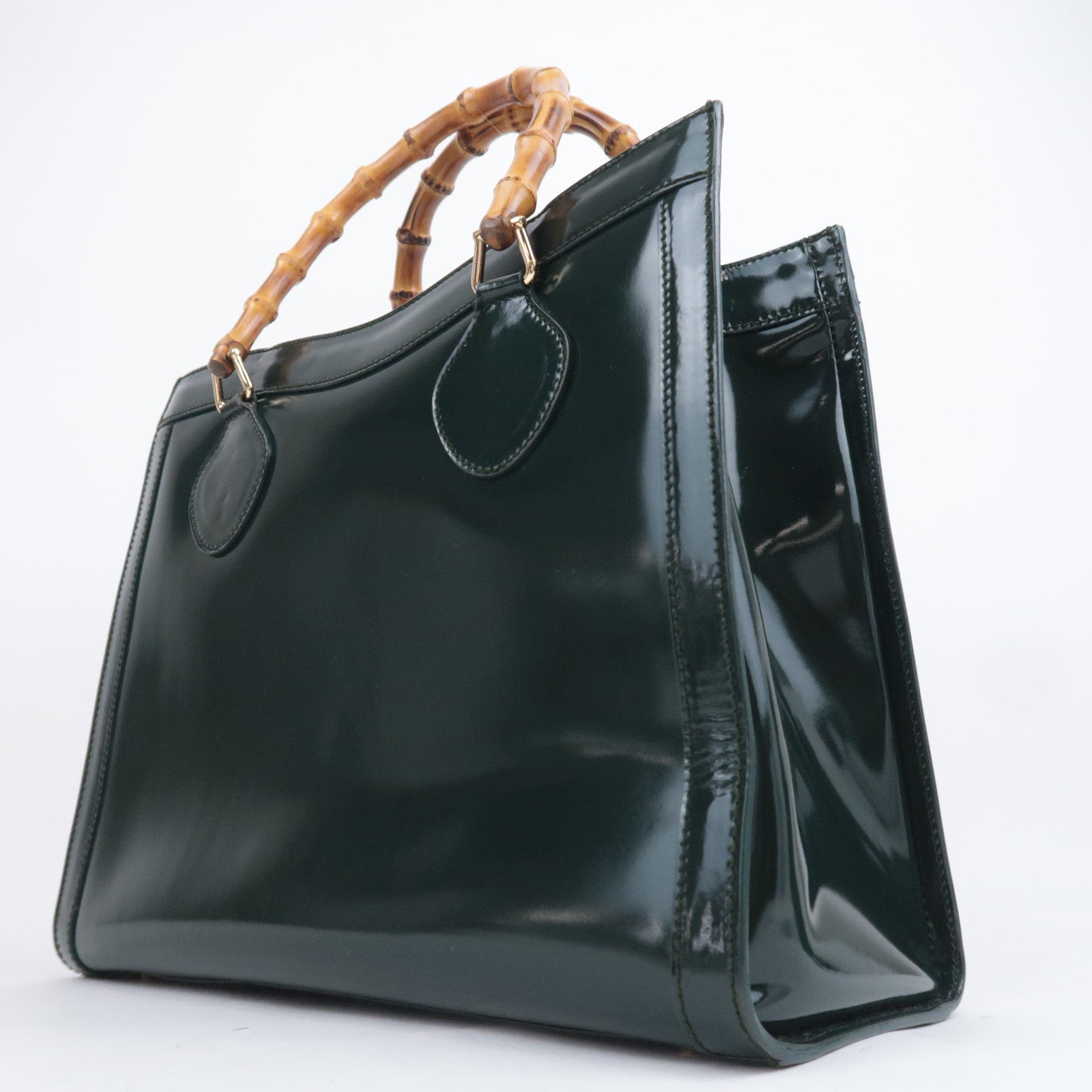 GUCCI Bamboo Leather Handbag Dark Green 002.8260