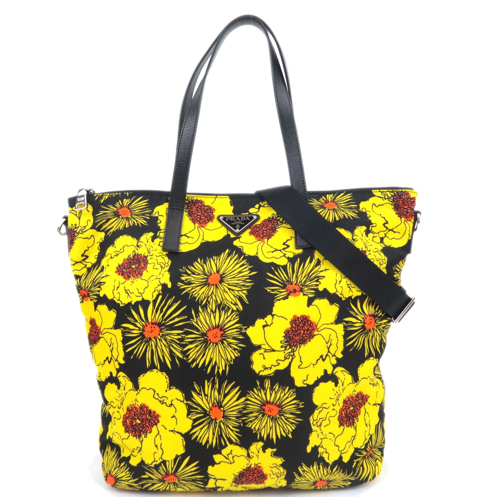 PRADA Flower Print 2Way Nylon Leather Tote Bag Black Yellow91013