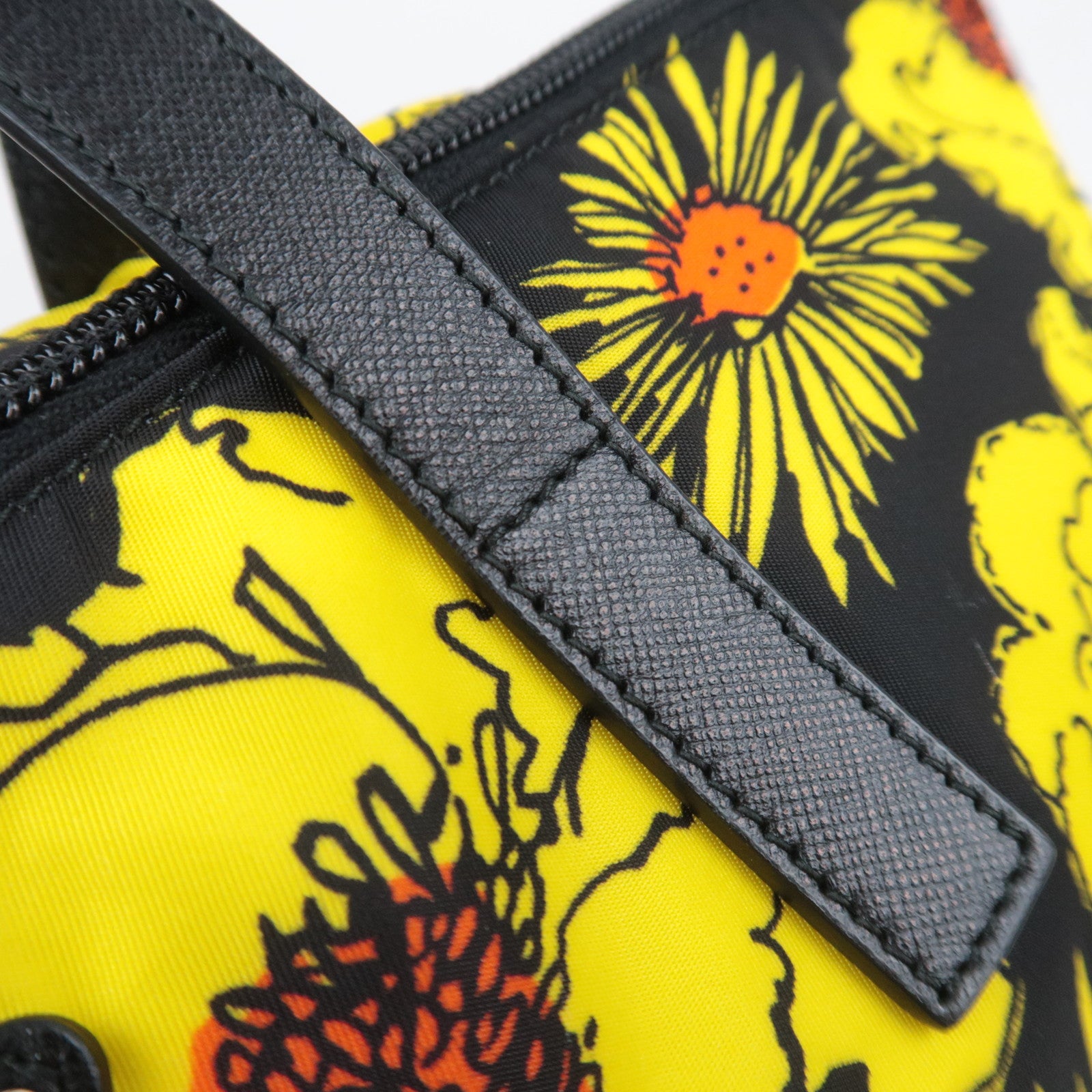 PRADA Flower Print 2Way Nylon Leather Tote Bag Black Yellow