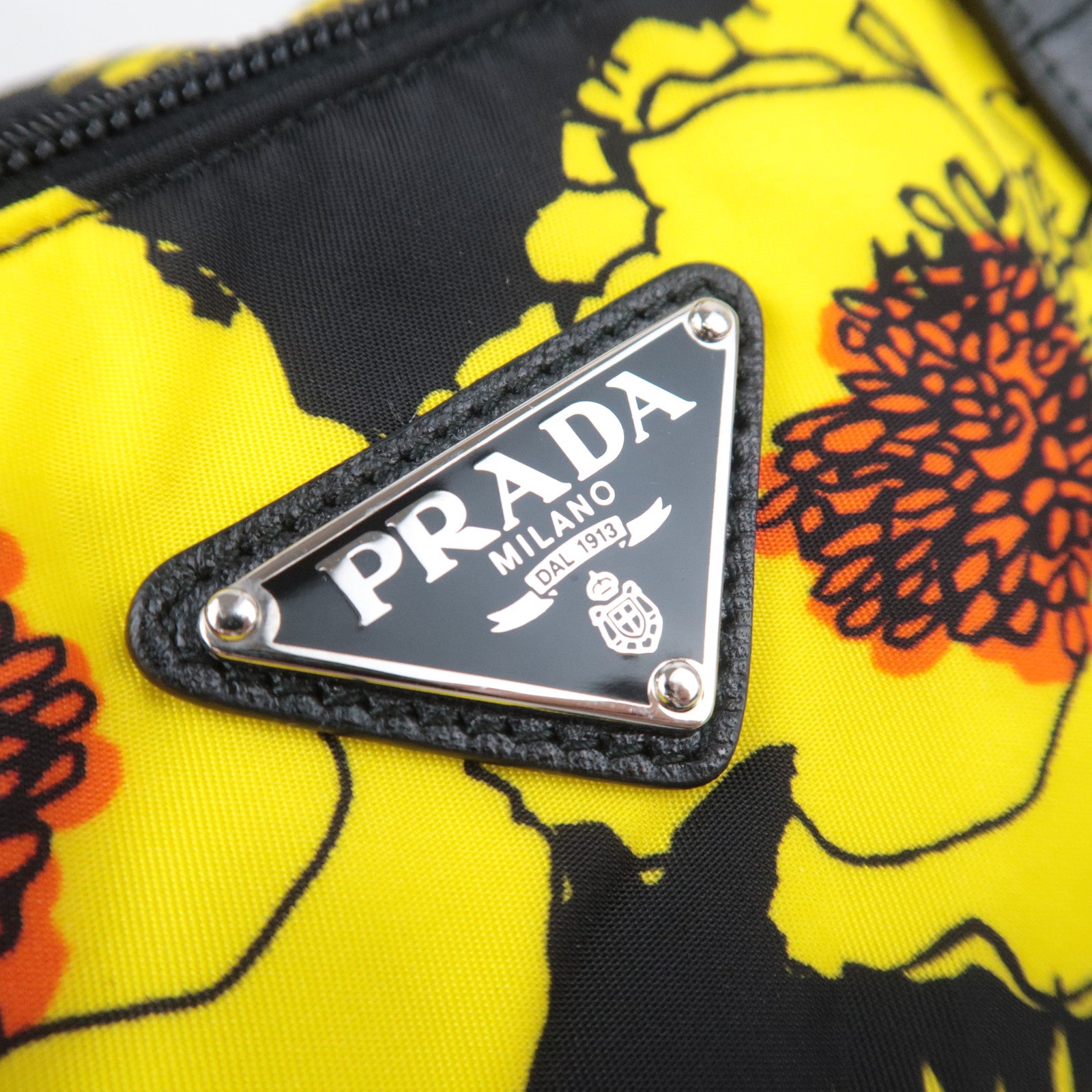 PRADA Flower Print 2Way Nylon Leather Tote Bag Black Yellow