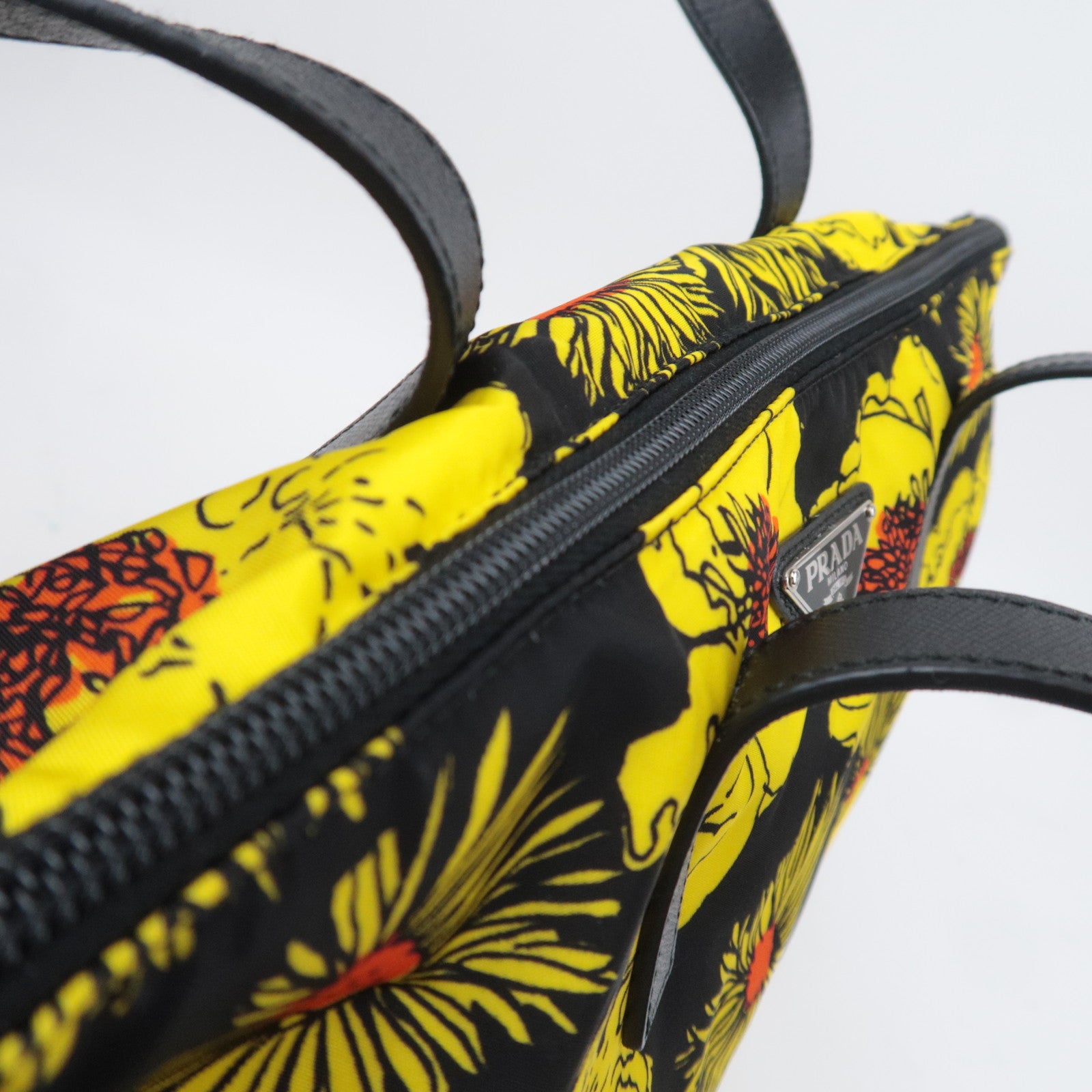 PRADA Flower Print 2Way Nylon Leather Tote Bag Black Yellow