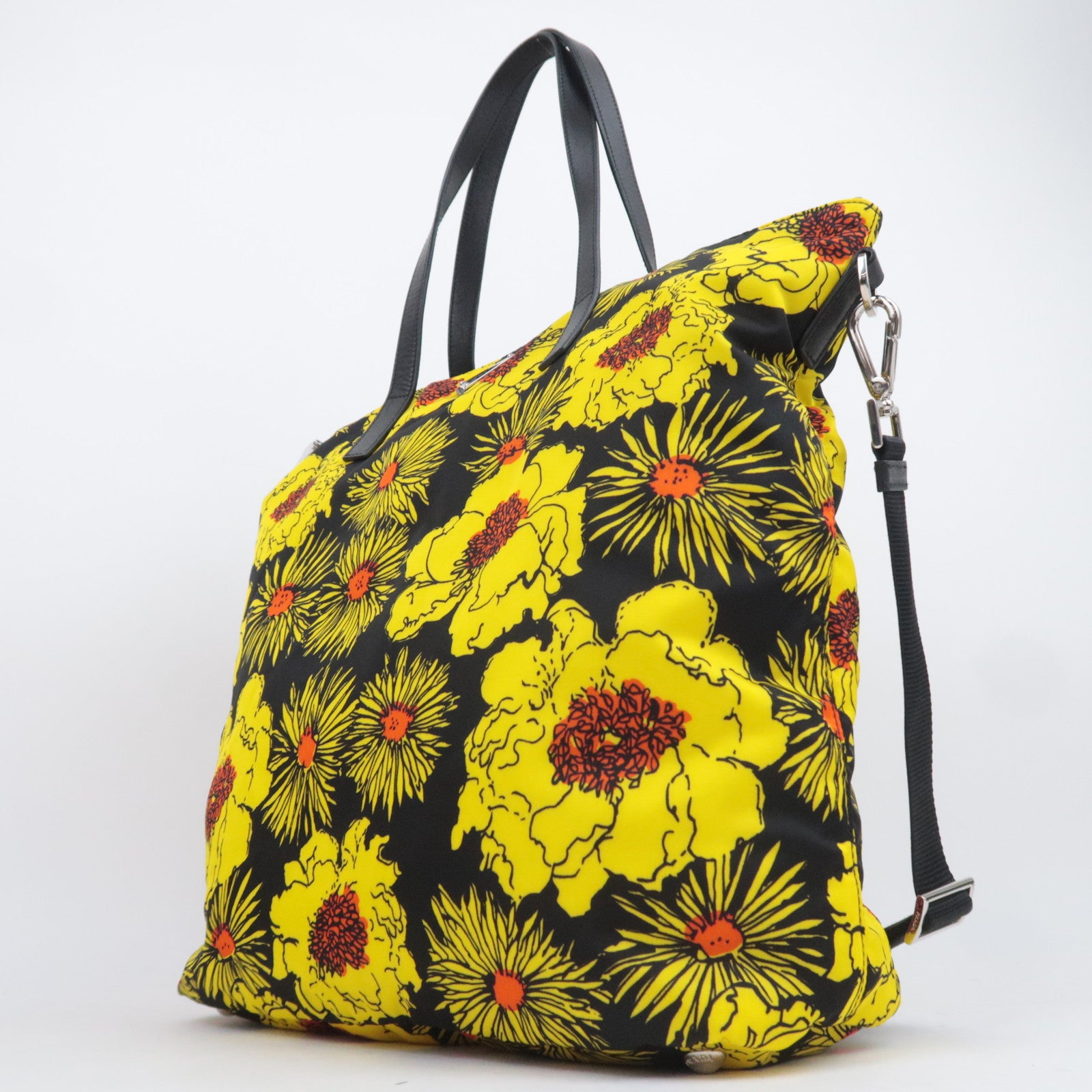 PRADA Flower Print 2Way Nylon Leather Tote Bag Black Yellow