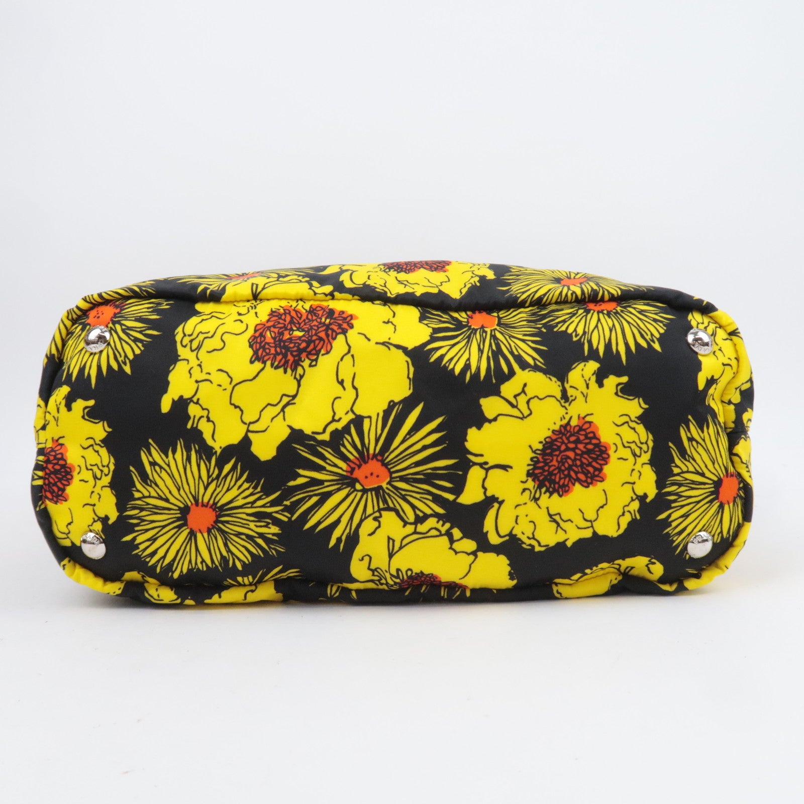 PRADA Flower Print 2Way Nylon Leather Tote Bag Black Yellow
