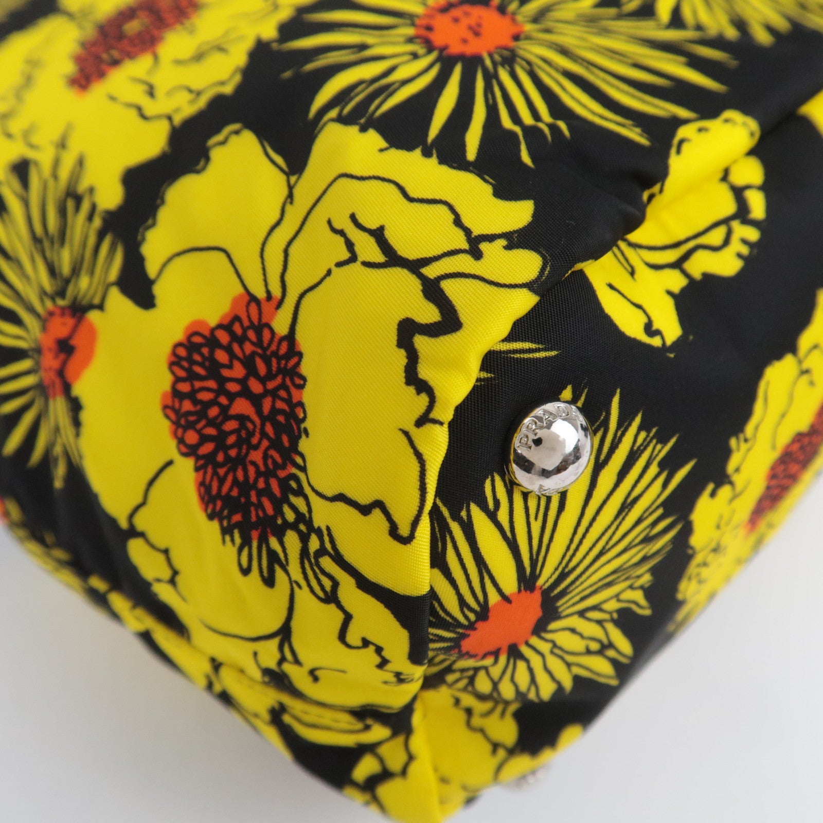 PRADA Flower Print 2Way Nylon Leather Tote Bag Black Yellow