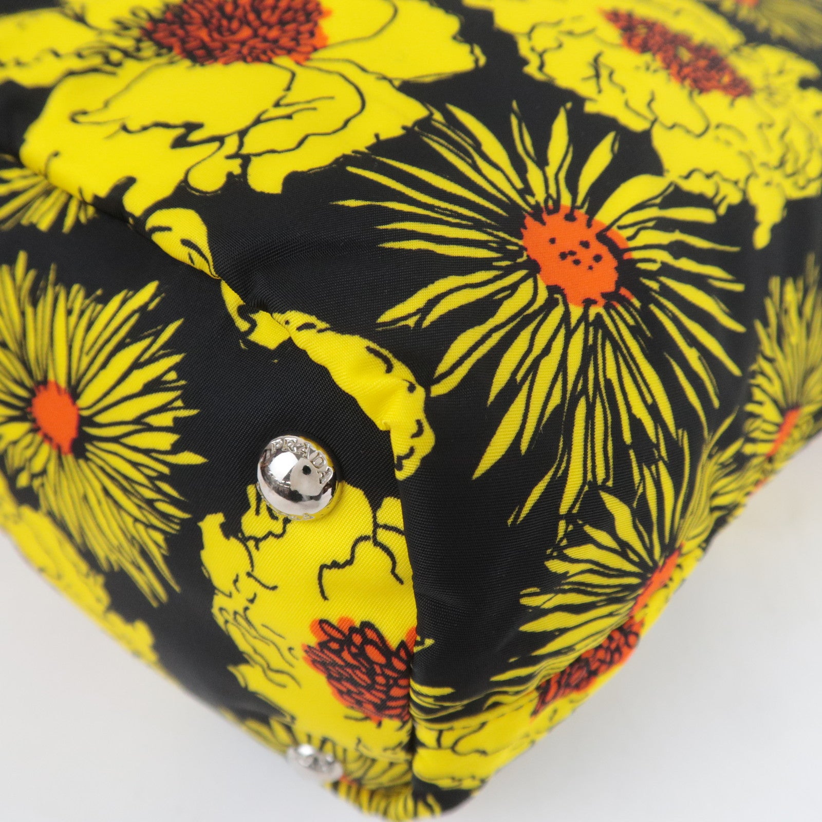 PRADA Flower Print 2Way Nylon Leather Tote Bag Black Yellow