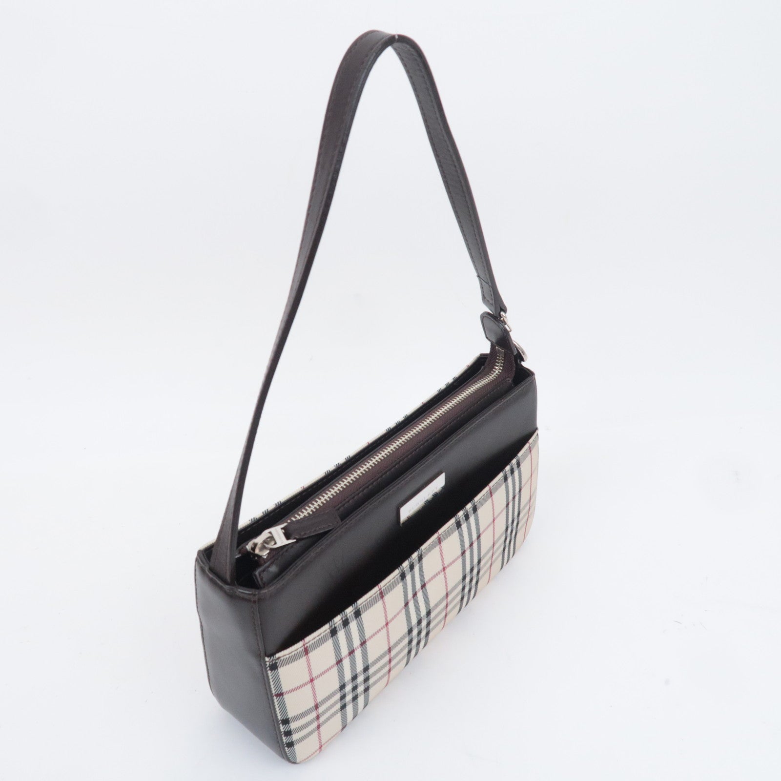 BURBERRY Nova Plaid Canvas Leather Shoulder Bag Beige Brown