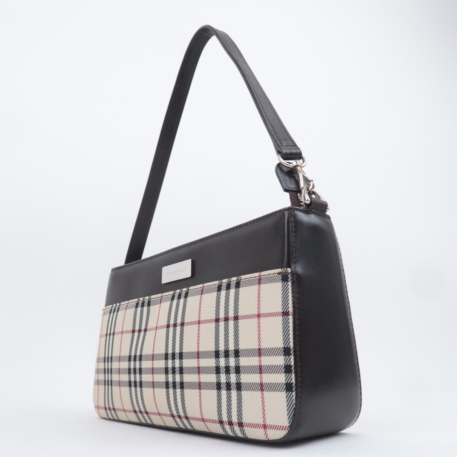 BURBERRY Nova Plaid Canvas Leather Shoulder Bag Beige Brown
