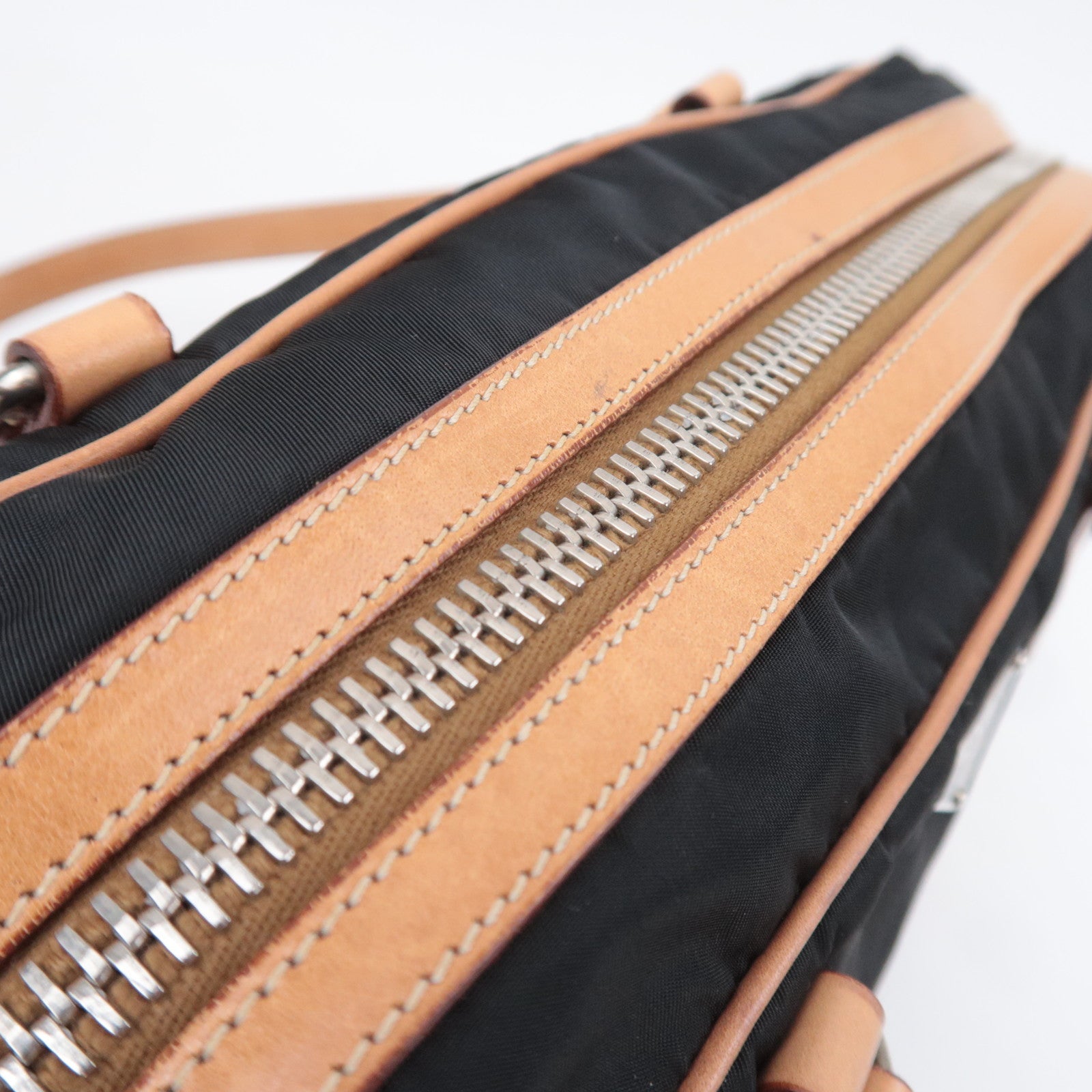 PRADA Nylon Leather Shoulder Bag Black Brown BR2347