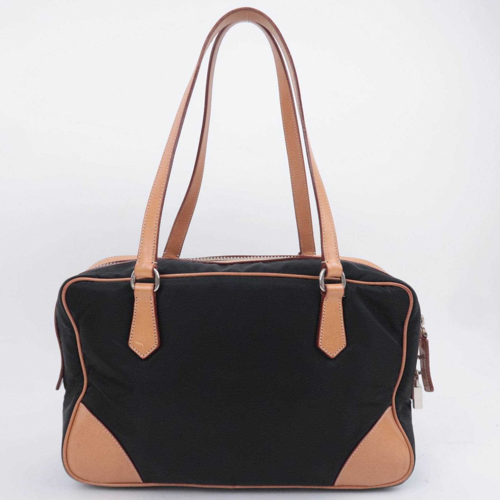 PRADA Nylon Leather Shoulder Bag Black Brown BR2347