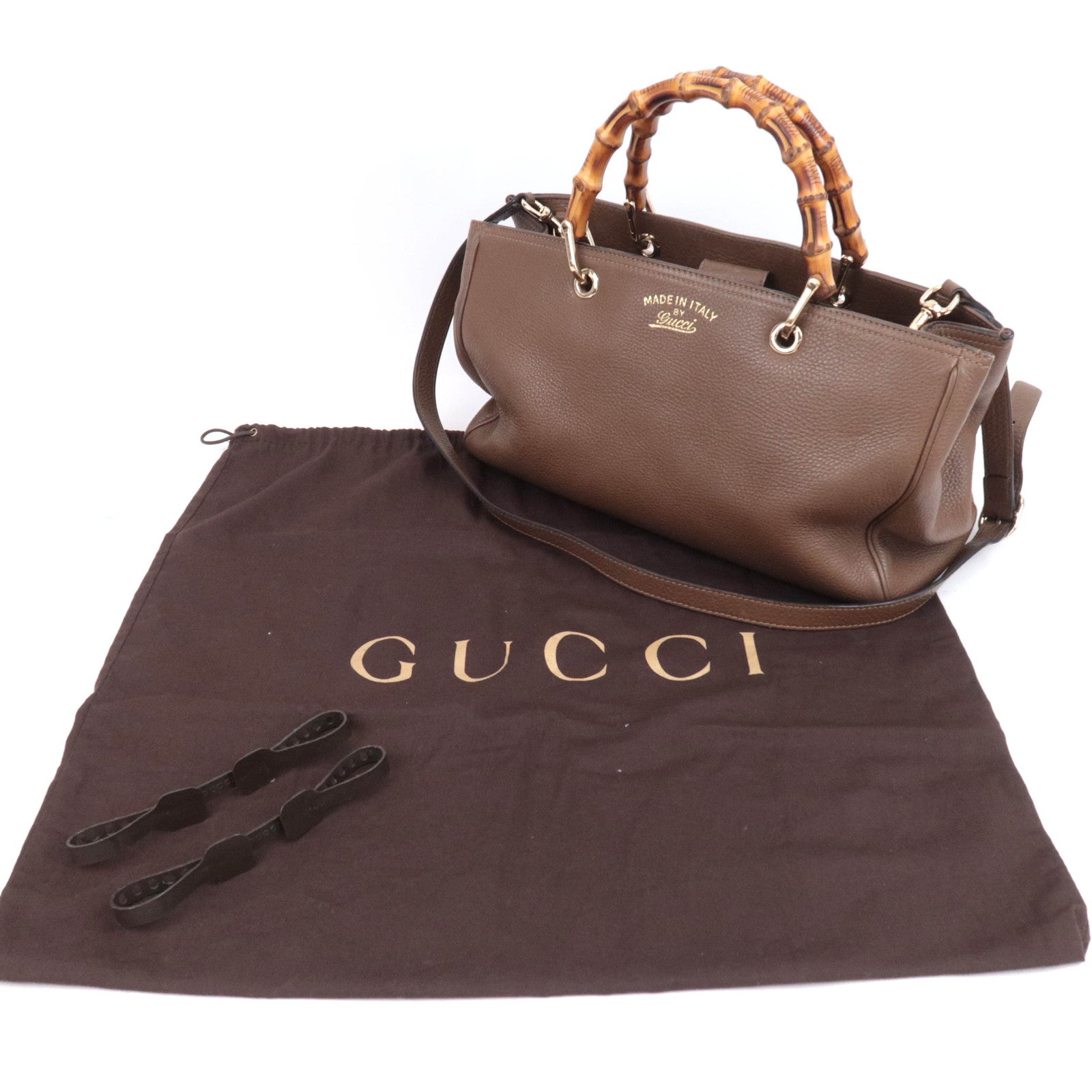 GUCCI Bamboo Shopper Medium 2Way Leather Handbag Brown 323660