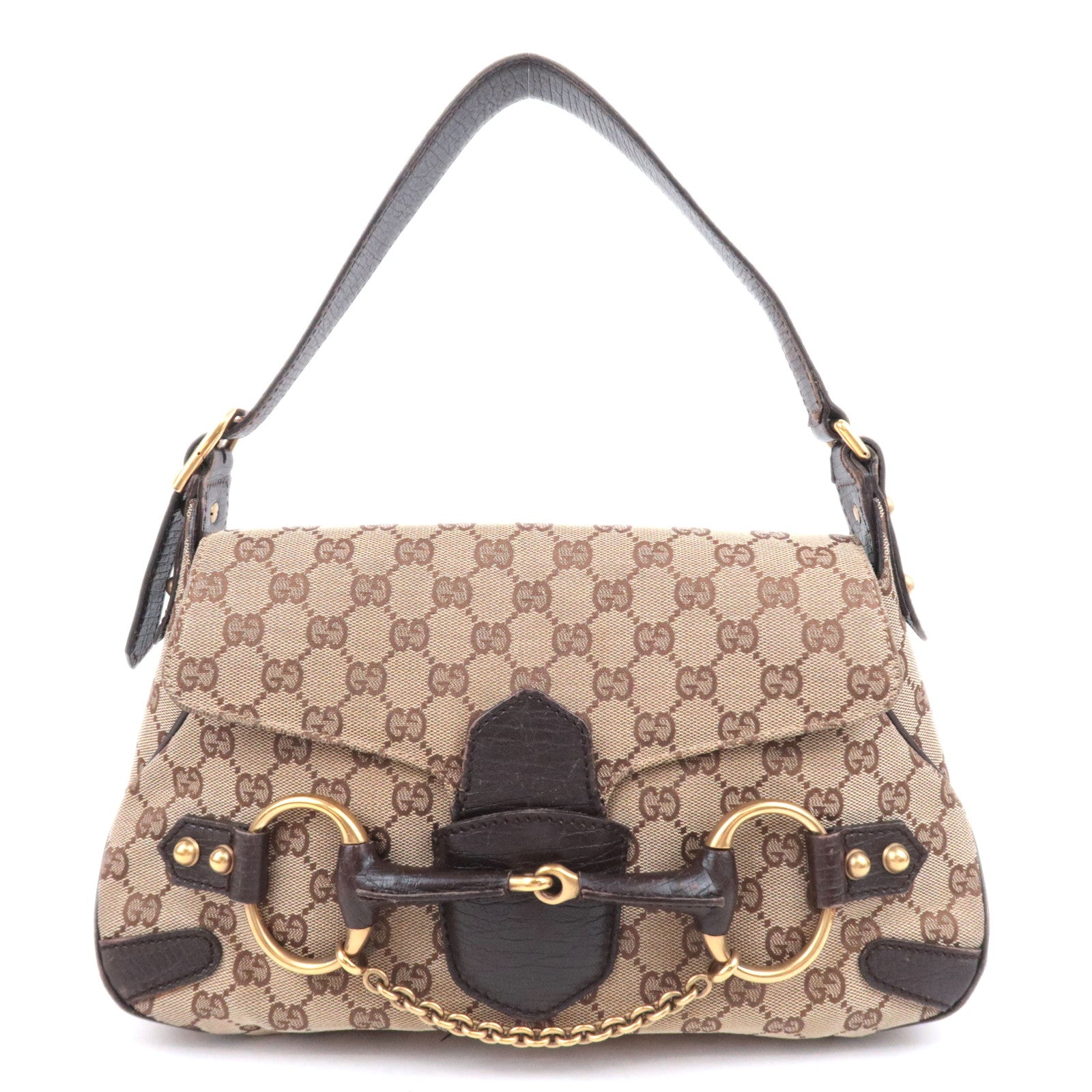 GUCCI Horsebit GG Canvas Shoulder Bag Beige Brown 11491591066