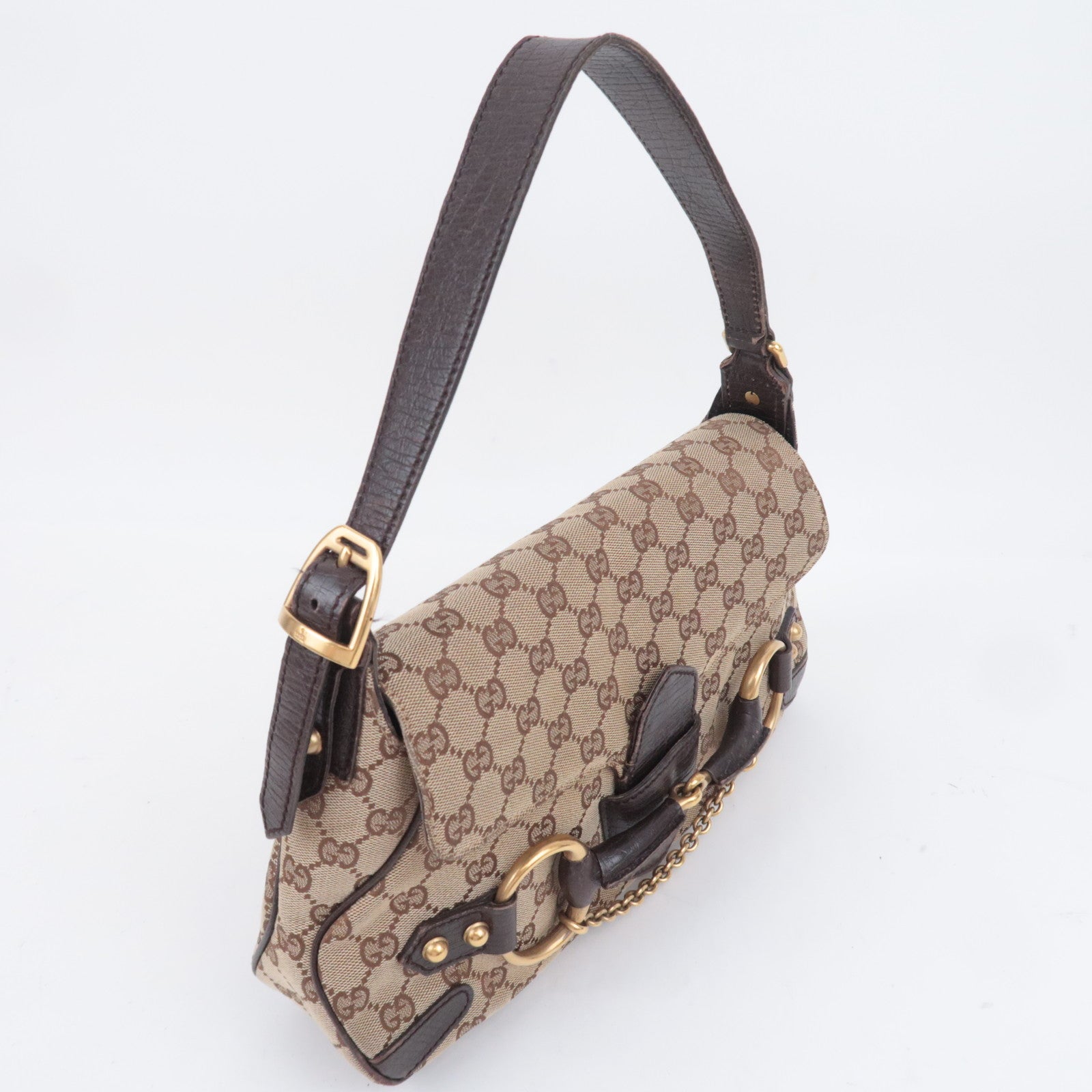 GUCCI Horsebit GG Canvas Shoulder Bag Beige Brown 114915