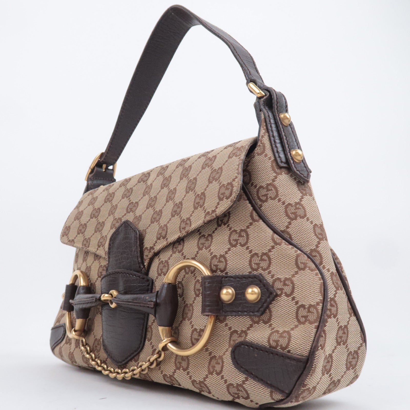 GUCCI Horsebit GG Canvas Shoulder Bag Beige Brown 114915