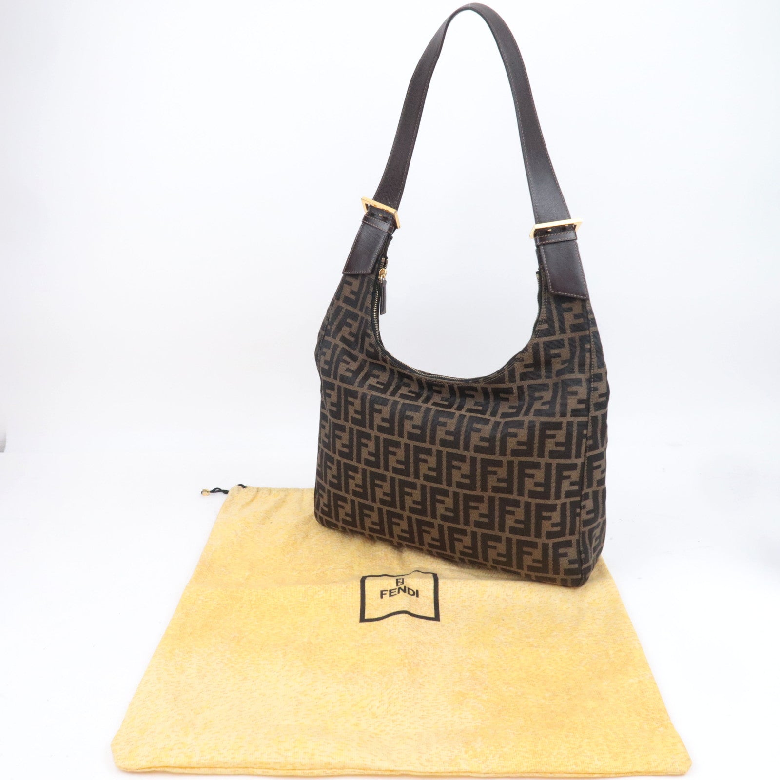 FENDI Zucca Canvas Leather Shoulder Bag Brown Black