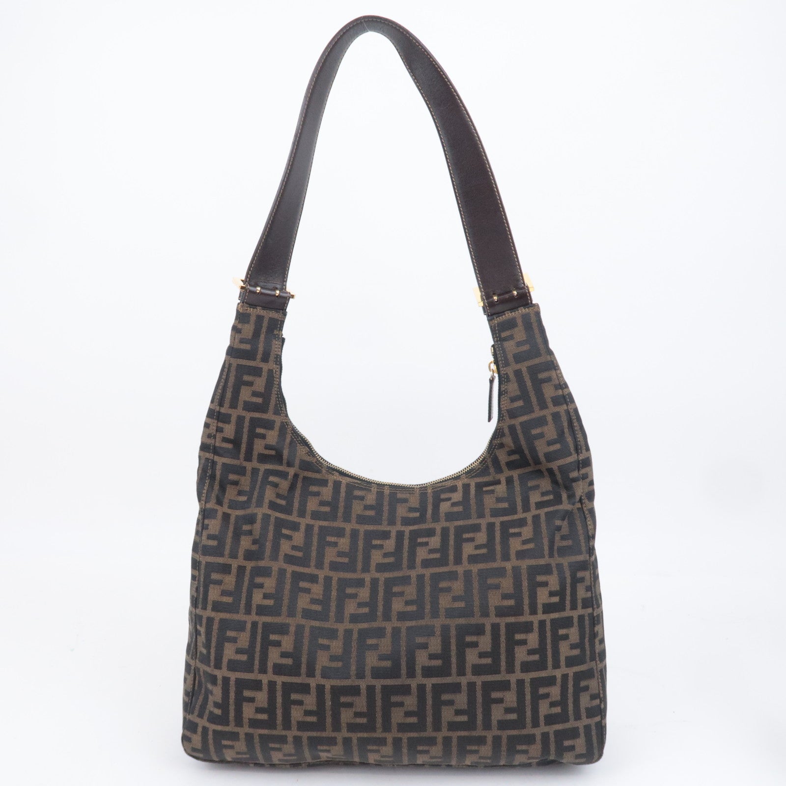 FENDI Zucca Canvas Leather Shoulder Bag Brown Black