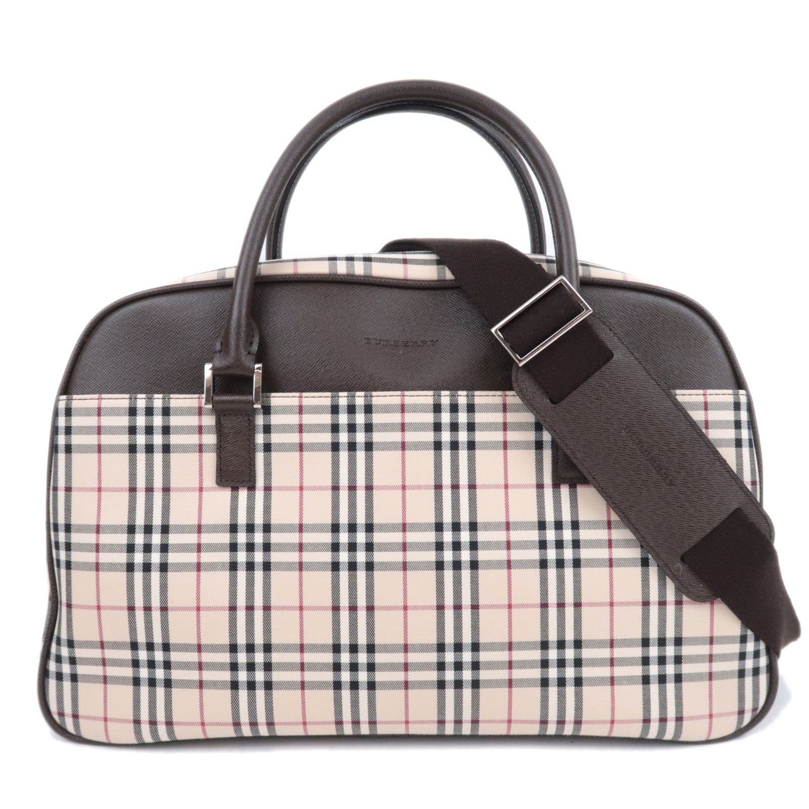 BURBERRY Nova Plaid Canvas Leather Boston Bag Beige Brown91071