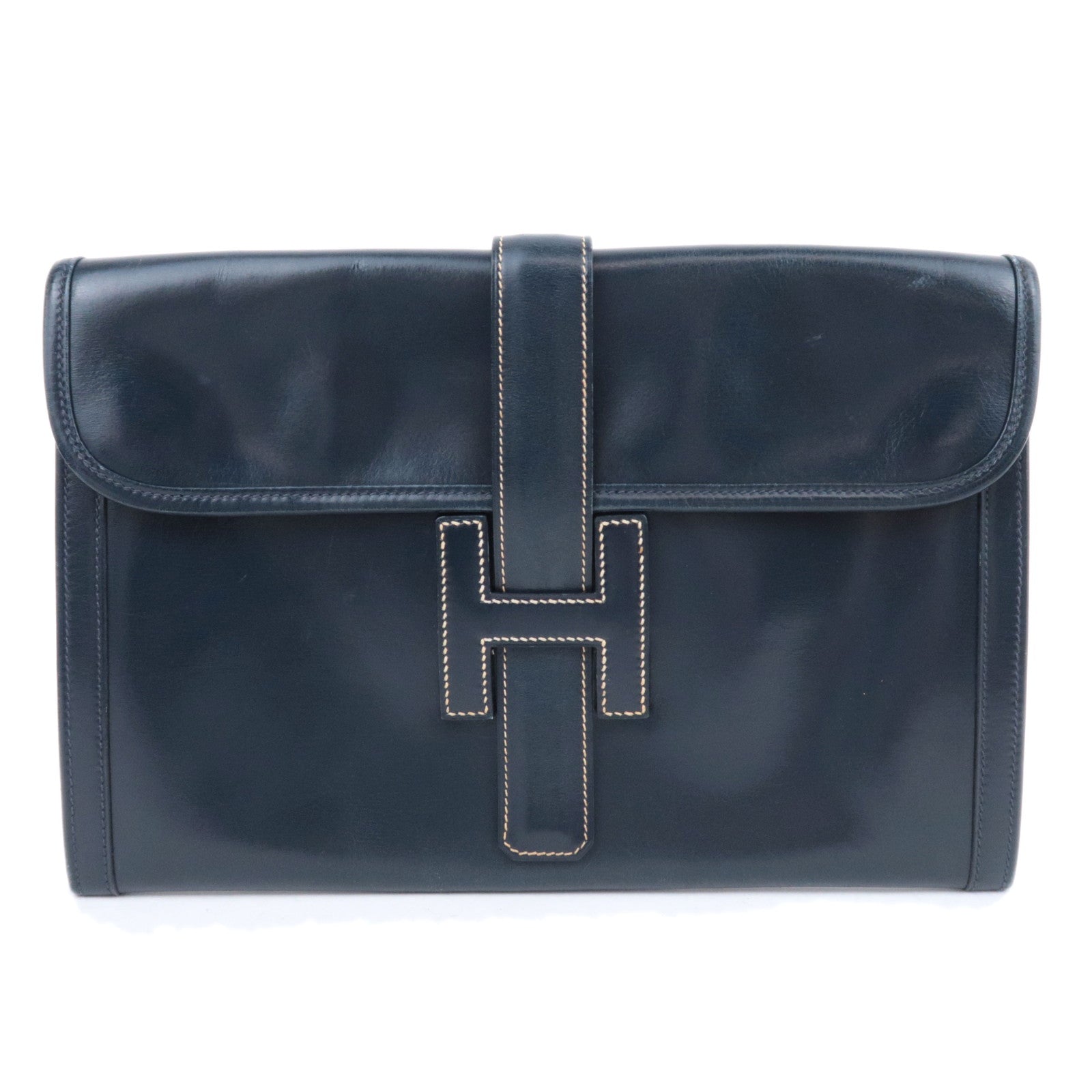 HERMES Jige PM Box Calf Clutch Bag 〇J Stamp (1980) Navy91074
