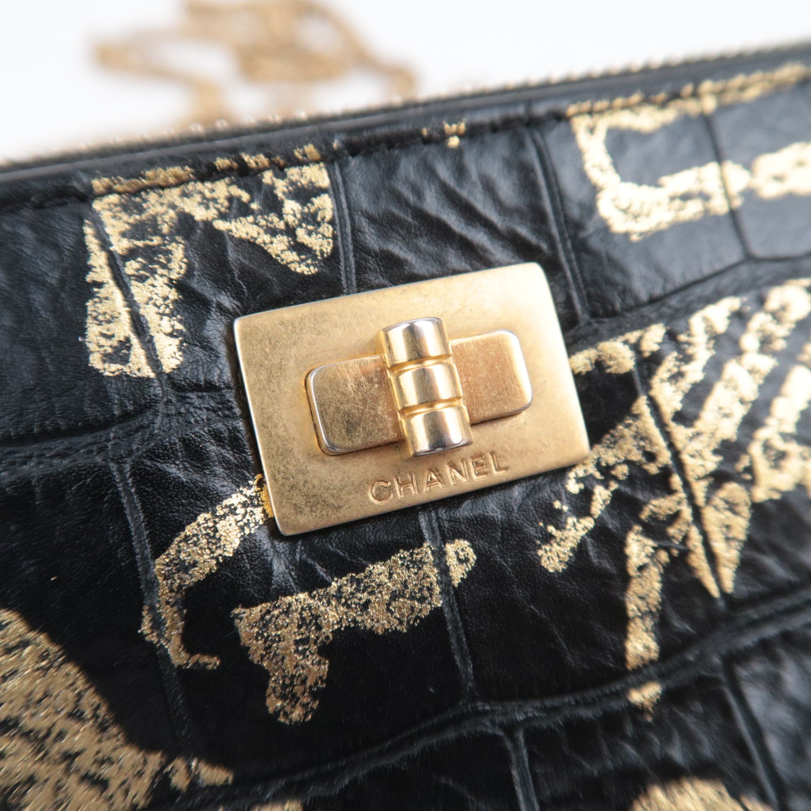CHANEL 2.55 Reissue Graffiti Leather Chain Shoulder Bag Black Gold