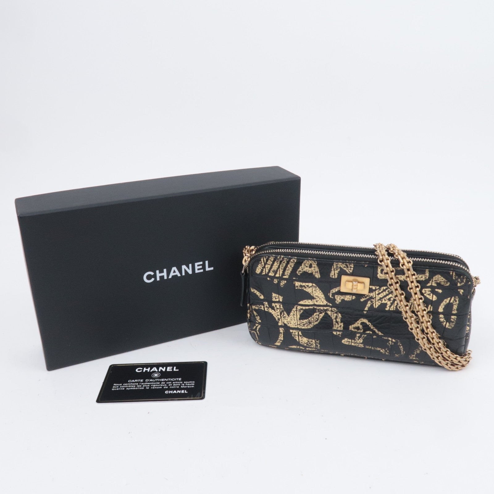 CHANEL 2.55 Reissue Graffiti Leather Chain Shoulder Bag Black Gold