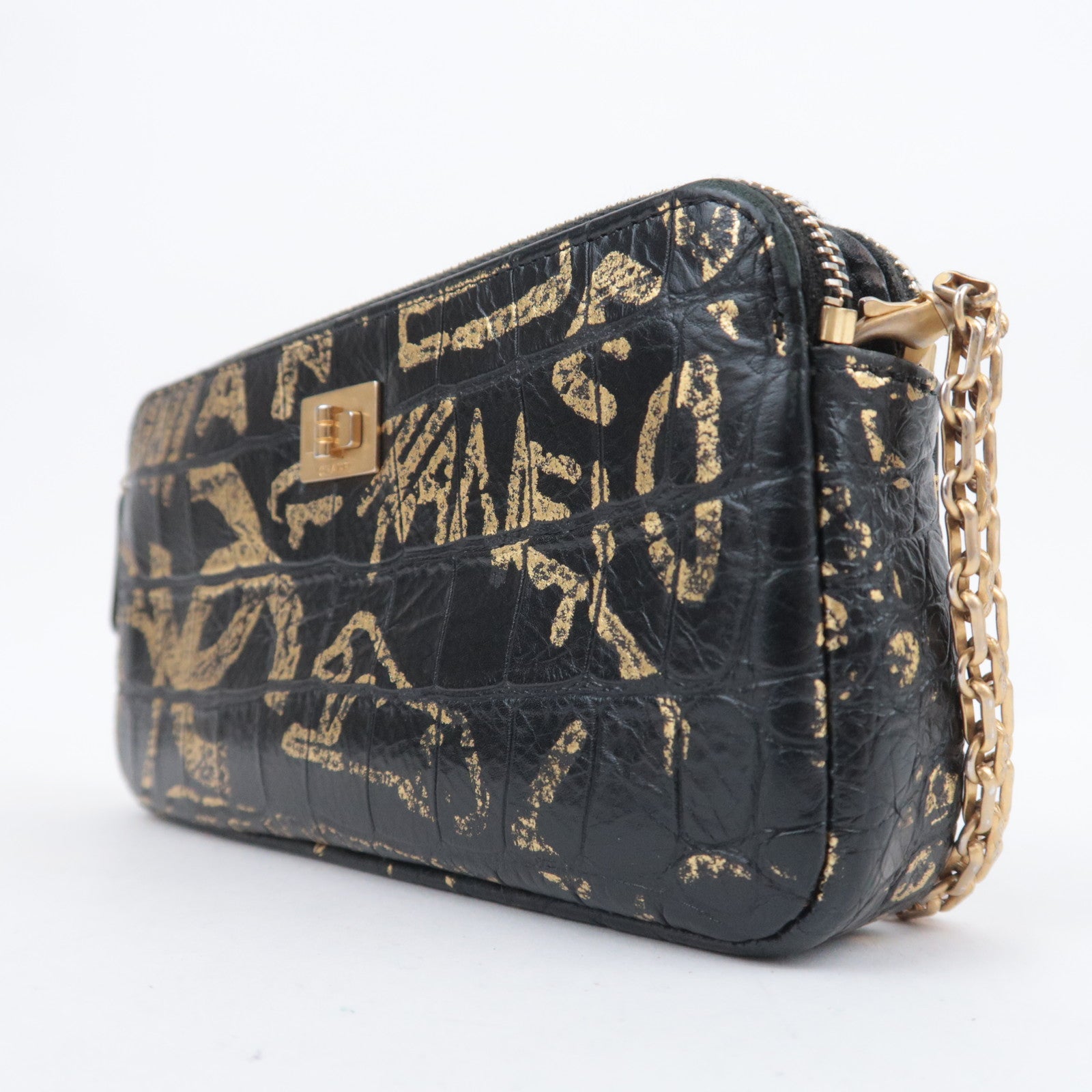CHANEL 2.55 Reissue Graffiti Leather Chain Shoulder Bag Black Gold
