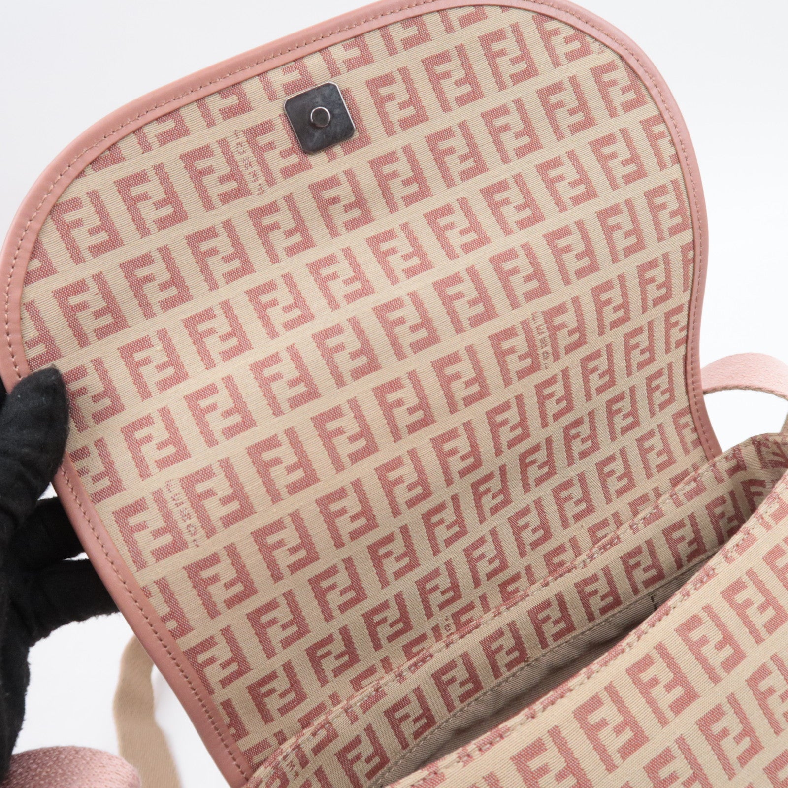 FENDI Zucchino Canvas Leather Shoulder Bag Beige Pink 8BR320