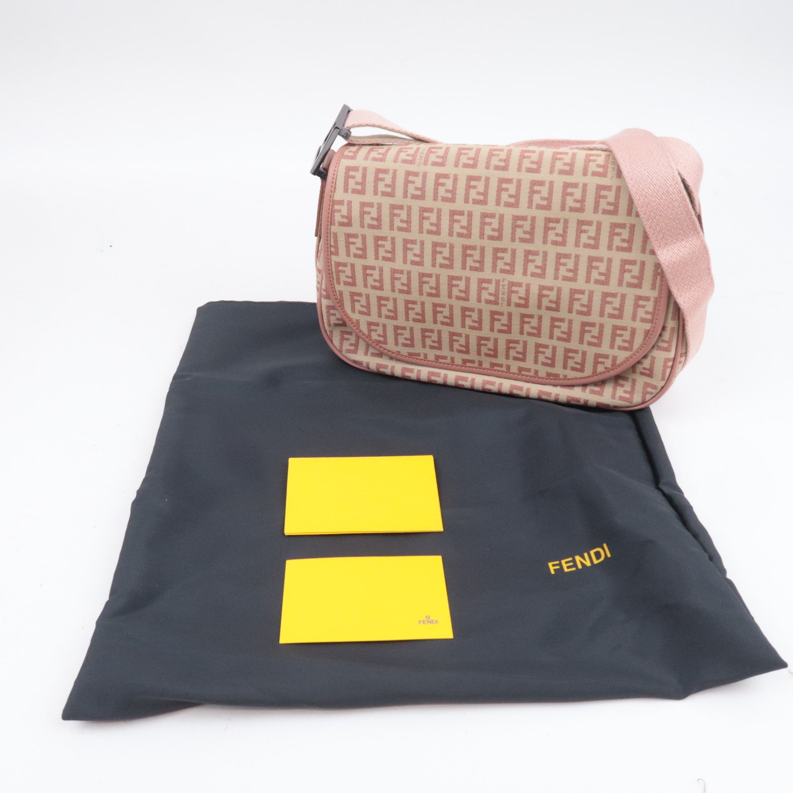 FENDI Zucchino Canvas Leather Shoulder Bag Beige Pink 8BR320