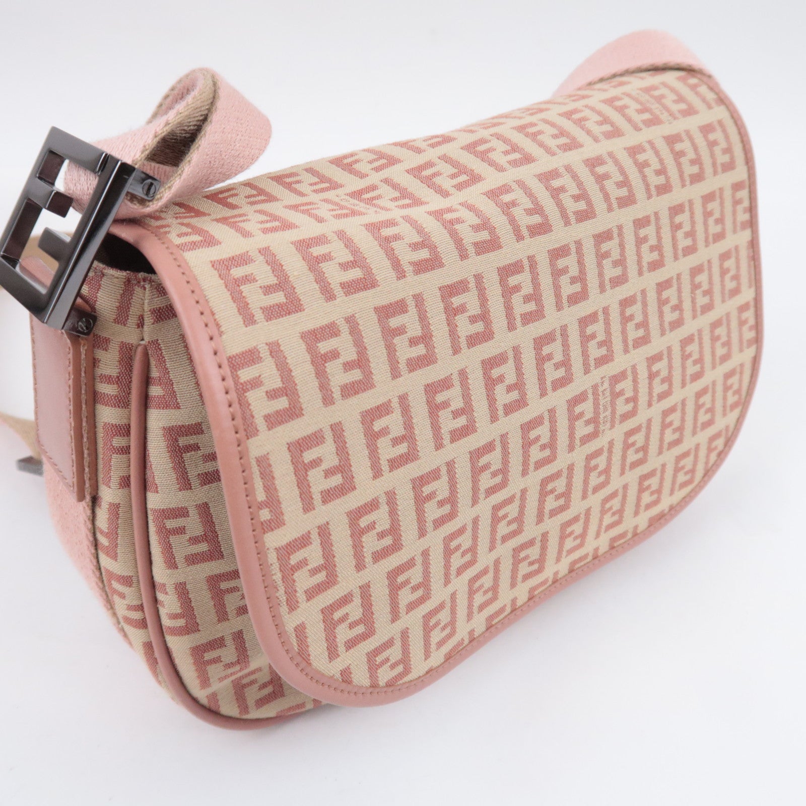 FENDI Zucchino Canvas Leather Shoulder Bag Beige Pink 8BR320