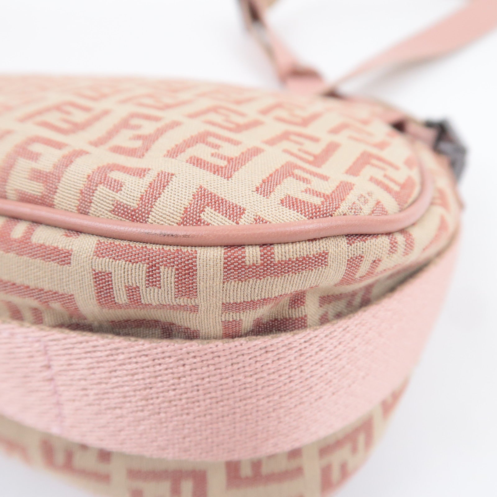 FENDI Zucchino Canvas Leather Shoulder Bag Beige Pink 8BR320