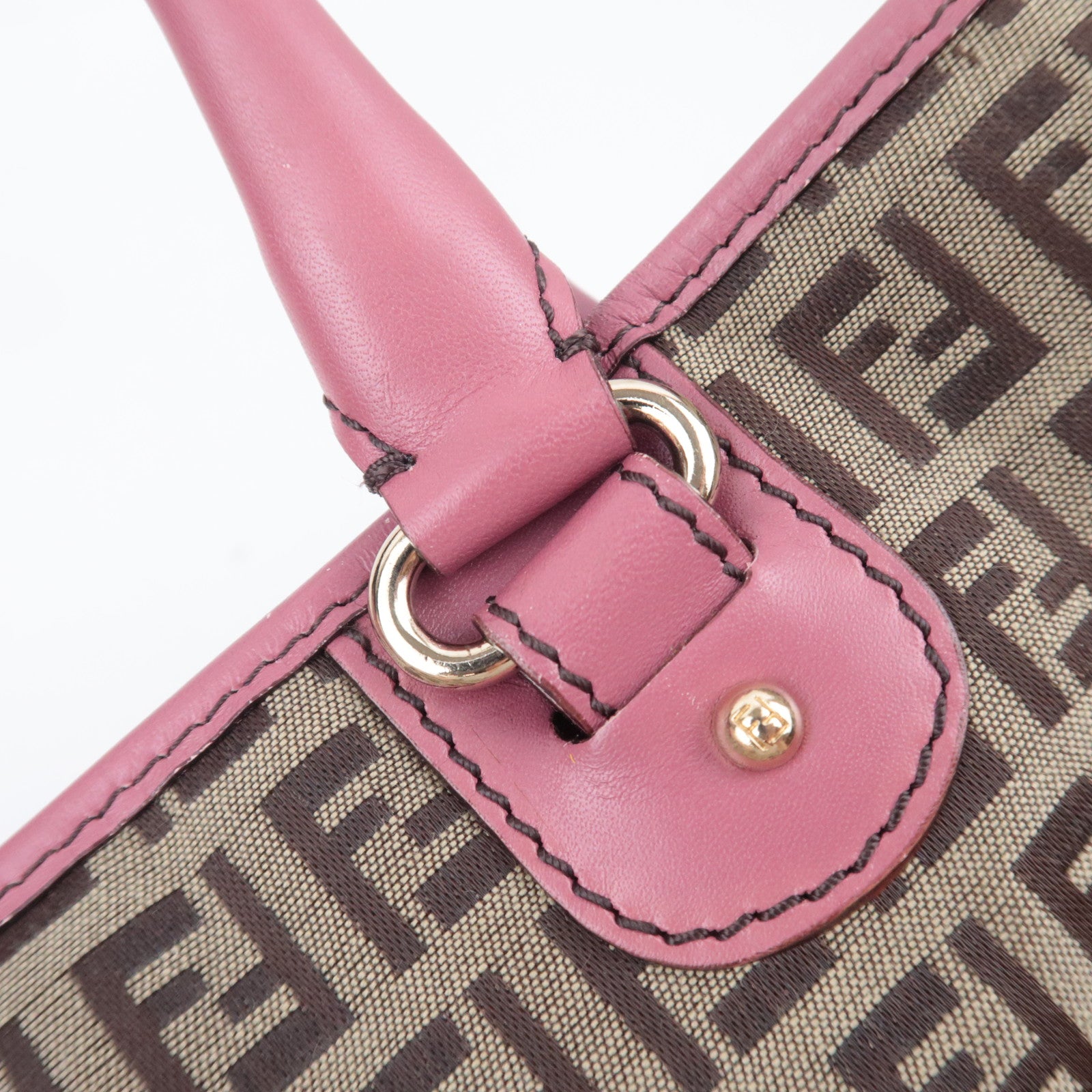 FENDI Zucchino Canvas Leather Tote Bag Beige Pink 8BH139