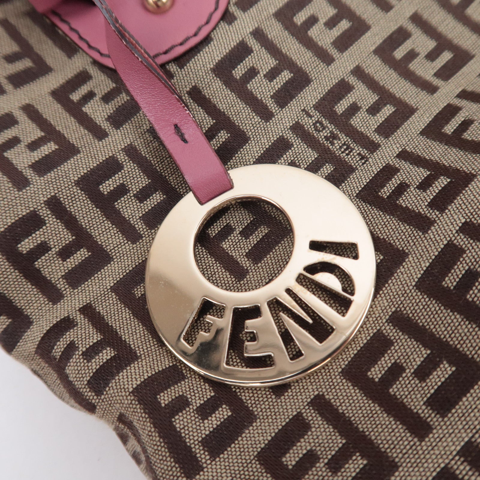 FENDI Zucchino Canvas Leather Tote Bag Beige Pink 8BH139