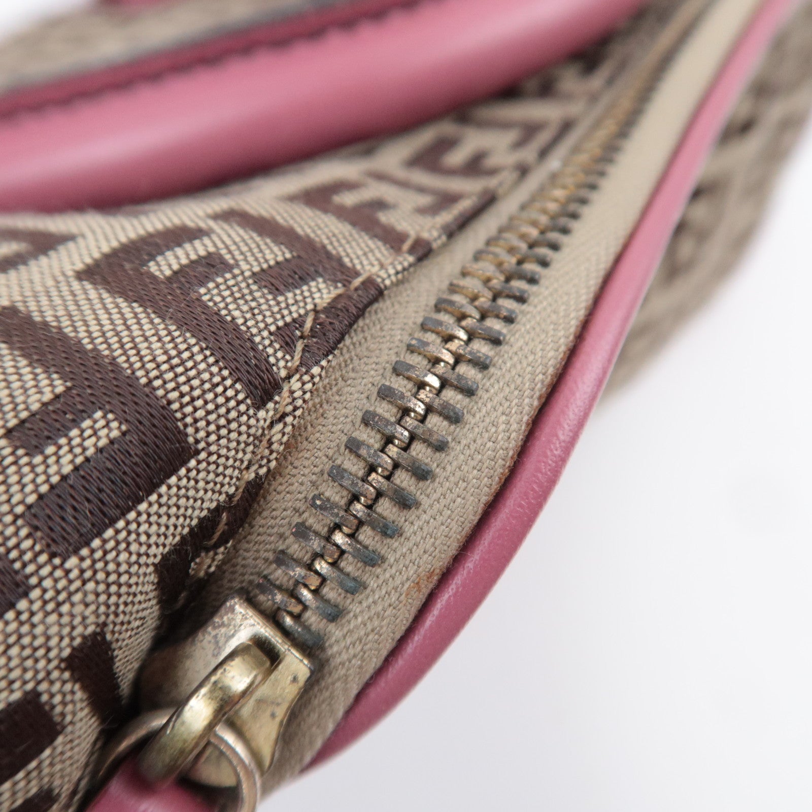 FENDI Zucchino Canvas Leather Tote Bag Beige Pink 8BH139