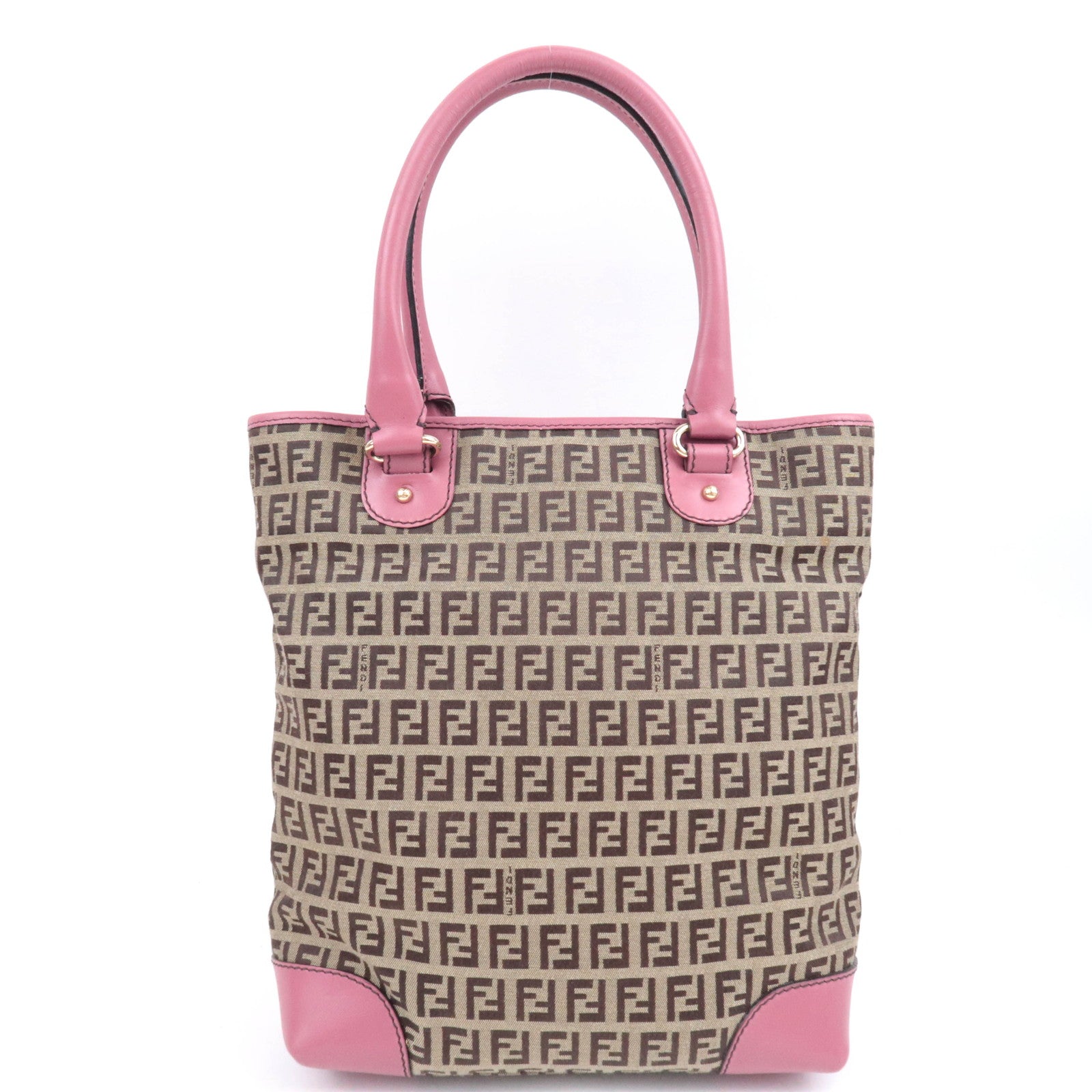 FENDI Zucchino Canvas Leather Tote Bag Beige Pink 8BH139