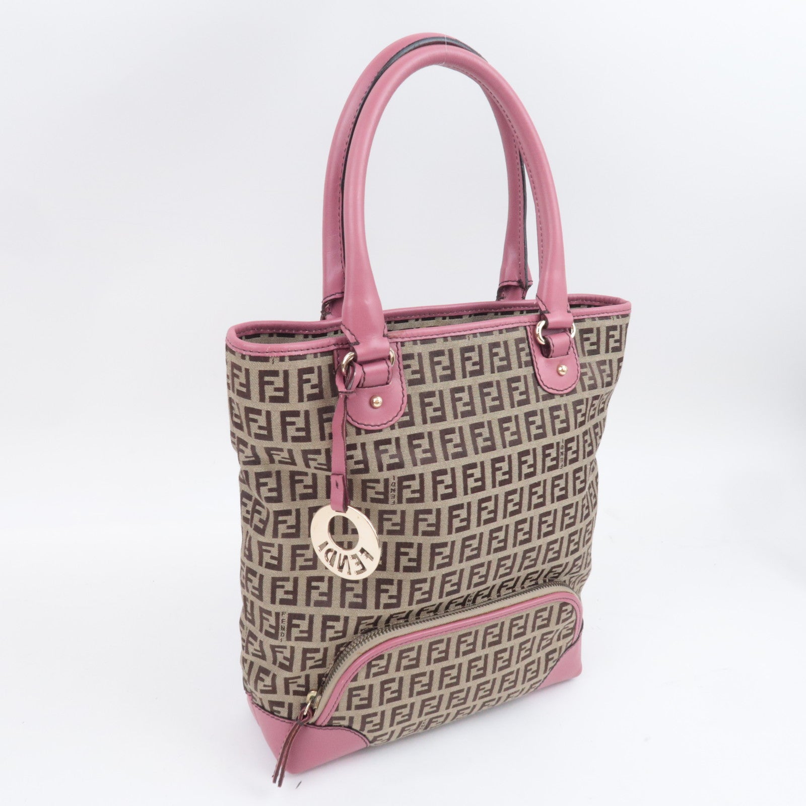 FENDI Zucchino Canvas Leather Tote Bag Beige Pink 8BH139