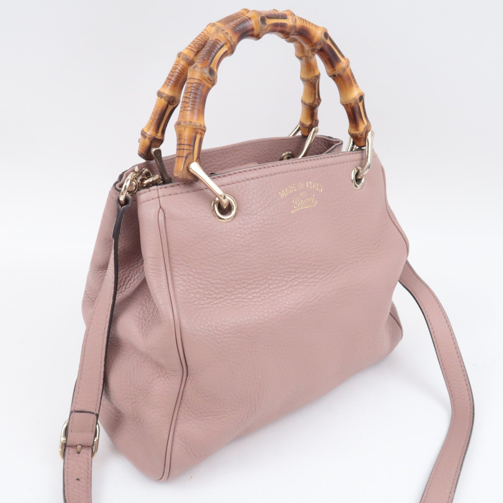 GUCCI Bamboo Shopper Small 2Way Leather Handbag Pink Beige 336032