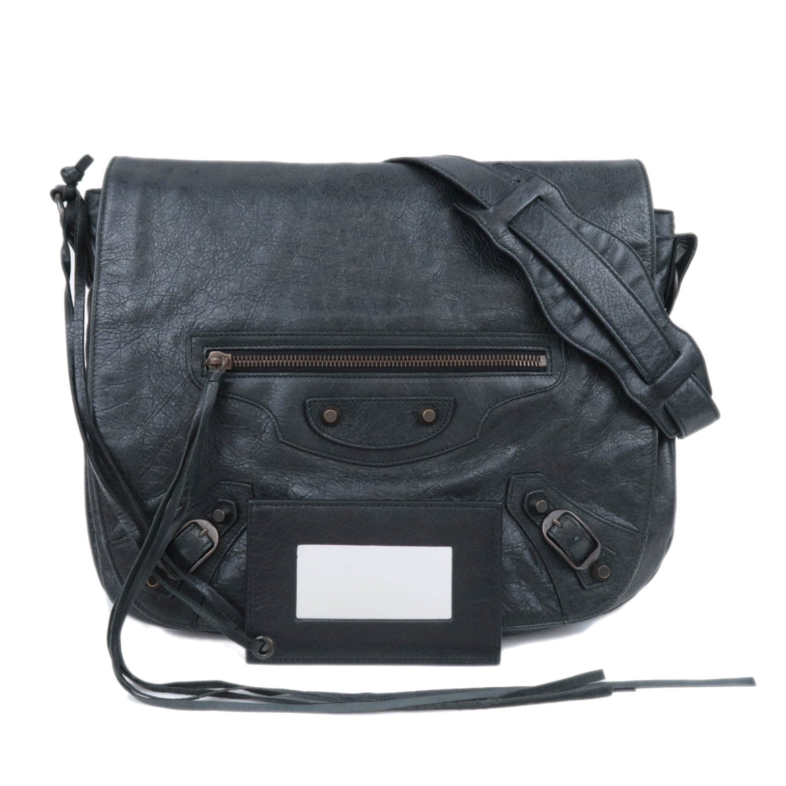 BALENCIAGA The Folk Leather Shoulder Bag Black 24643291135