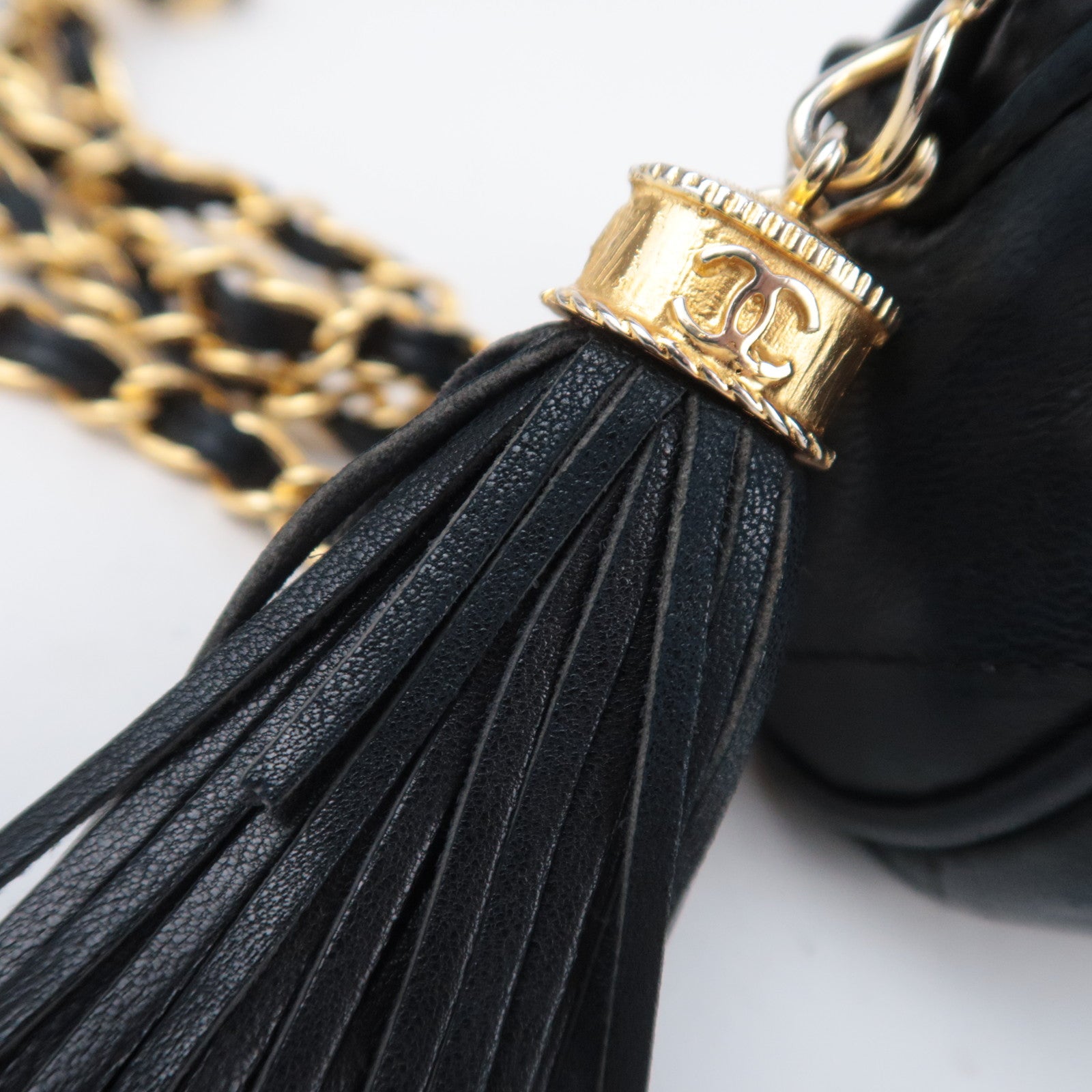 CHANEL Coco Mark Matelasse Tassel Chain Shoulder Bag Lambskin Black Gold HDW