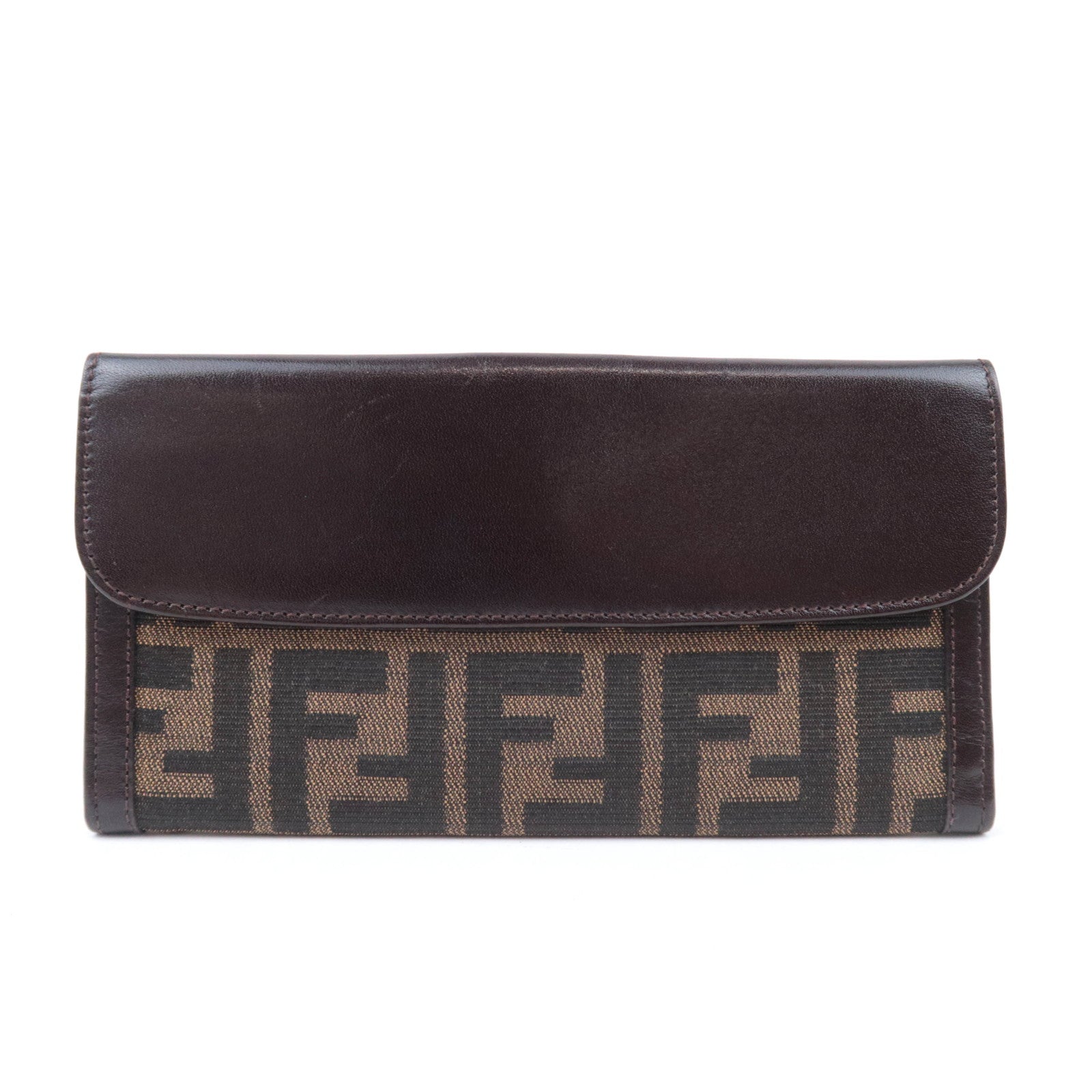 FENDI Zucca Canvas Leather Long Wallet Brown Black 01339
